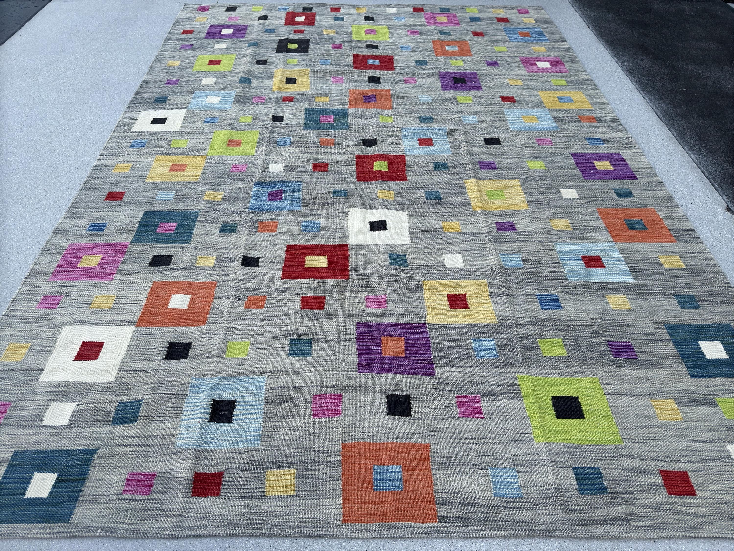 8x11 Handmade Afghan Kilim Rug | Grey Rust Orange Crimson Red Denim Navy Powder Blue Violet Purple Lime Green Saffron White Black | Wool