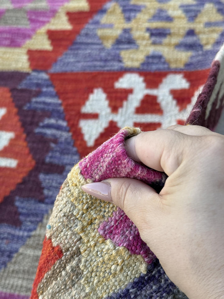 9x10 Handmade Afghan Kilim Rug | Fuchsia Rose Pink Crimson Red Black Taupe Saffron Magenta Violet Purple White Orange Mocha Brown Grey Wool