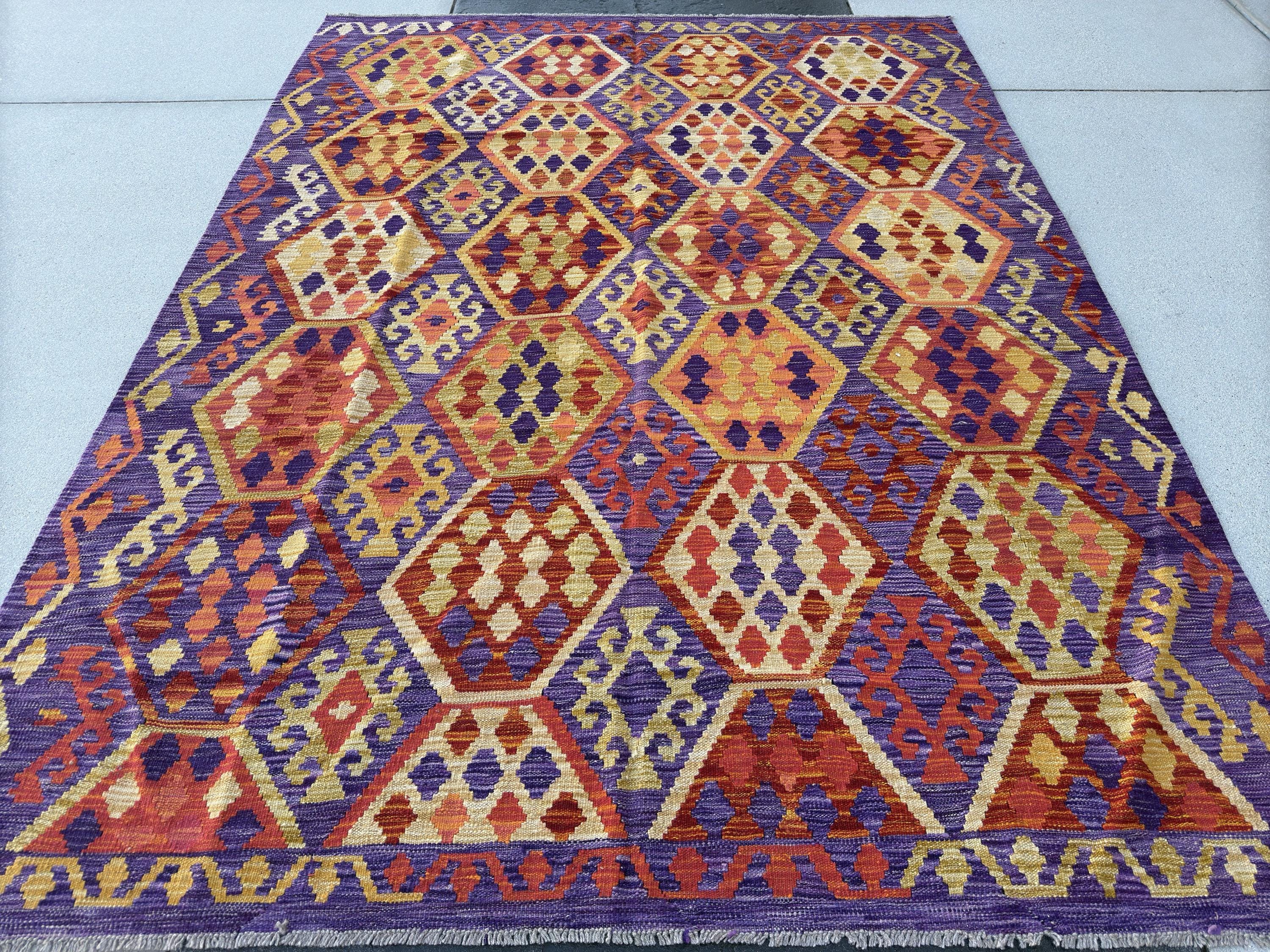 6x8-9 Handmade Afghan Kilim Rug | Violet Magenta Purple Burnt Orange Auburn Brick Red Gold Yellow Moss Green Cream White | Wool Flatweave