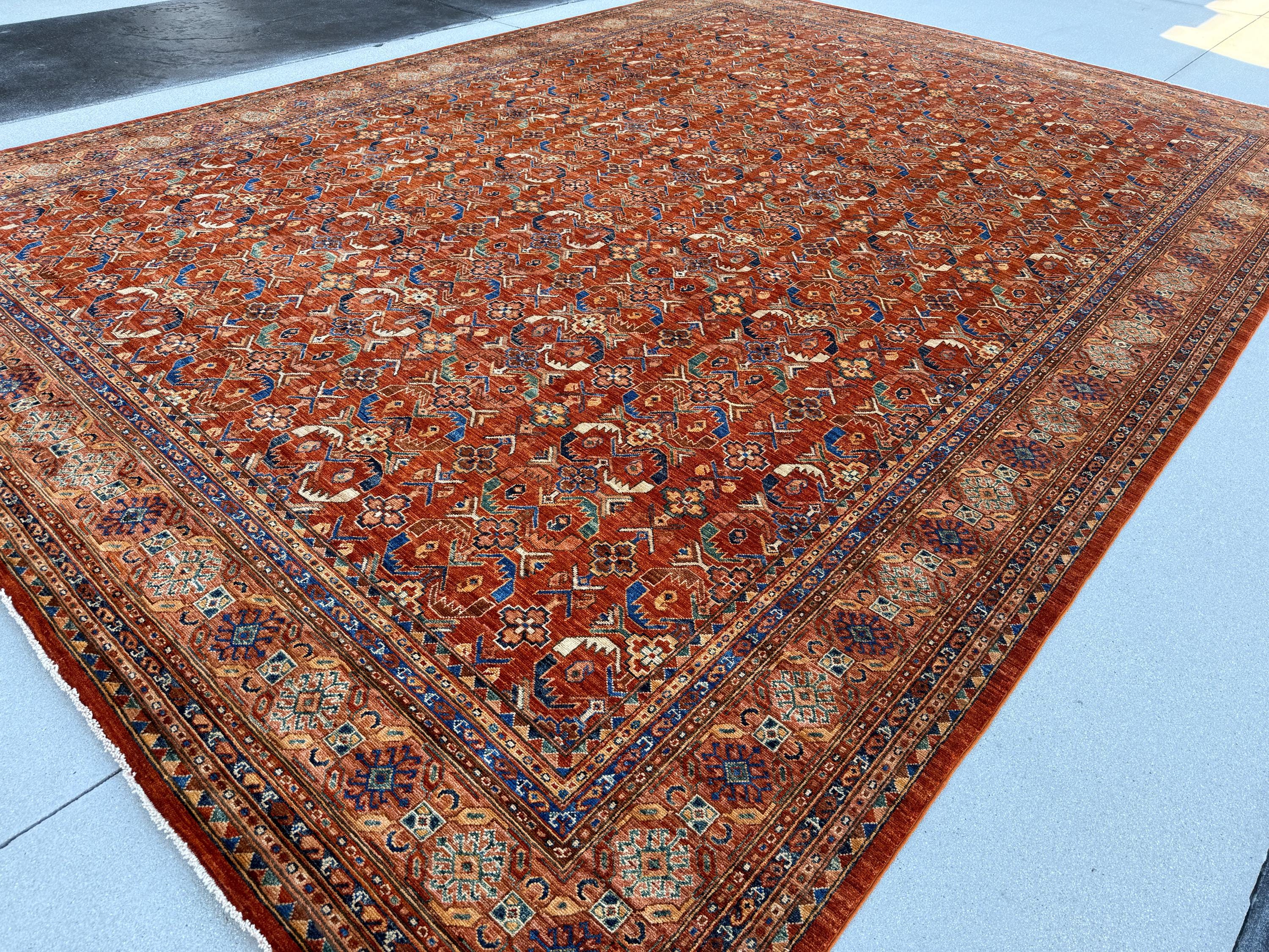 10x14 Handmade Afghan Rug | Brick Red Burnt Rust Terracotta Orange Navy Denim Duck Egg Blue Hazel Green Saffron Gold Beige Ivory Taupe Brown