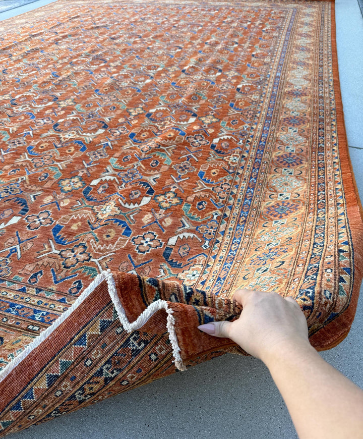 10x14 Handmade Afghan Rug | Brick Red Burnt Rust Terracotta Orange Navy Denim Duck Egg Blue Hazel Green Saffron Gold Beige Ivory Taupe Brown