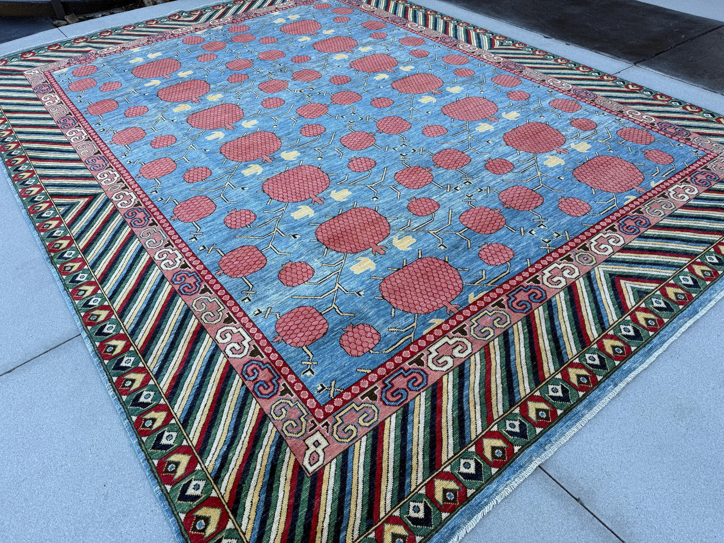 9x12 Handmade Afghan Rug | Sky Baby Denim Blue Auburn Maroon Red Salmon Pink Teal Moss Forest Green Saffron Yellow Gold Beige Ivory Black