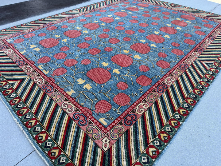 9x12 Handmade Afghan Rug | Sky Baby Denim Blue Auburn Maroon Red Salmon Pink Teal Moss Forest Green Saffron Yellow Gold Beige Ivory Black