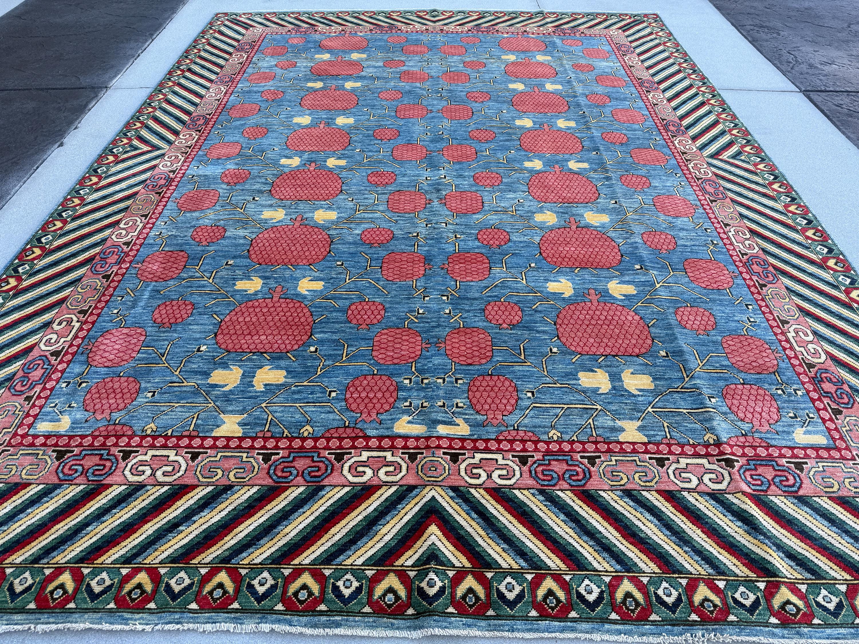 9x12 Handmade Afghan Rug | Sky Baby Denim Blue Auburn Maroon Red Salmon Pink Teal Moss Forest Green Saffron Yellow Gold Beige Ivory Black