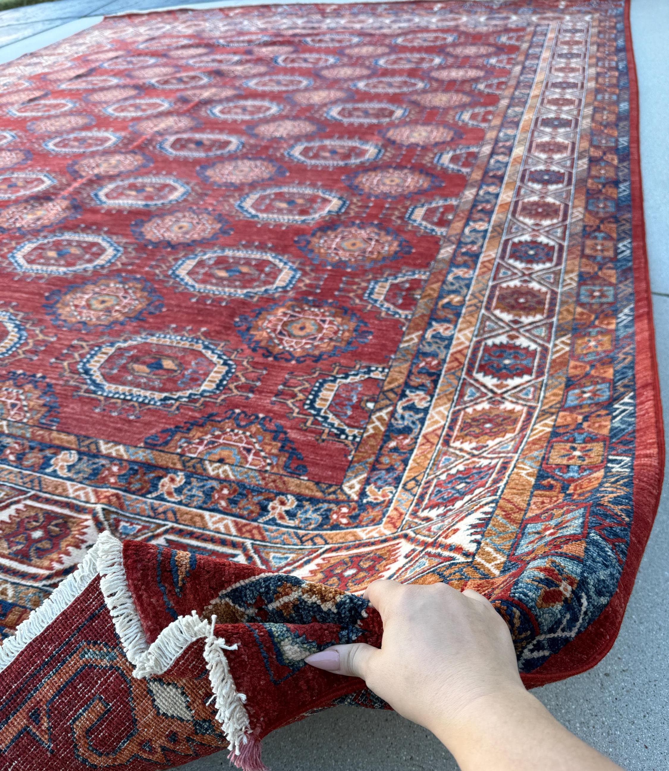 10x13 (304 x 414) Handmade Afghan Rug | Crimson Maroon Brick Red Burnt Rust Orange Denim Duck Egg Blue Hazel Moss Green Saffron Beige Ivory