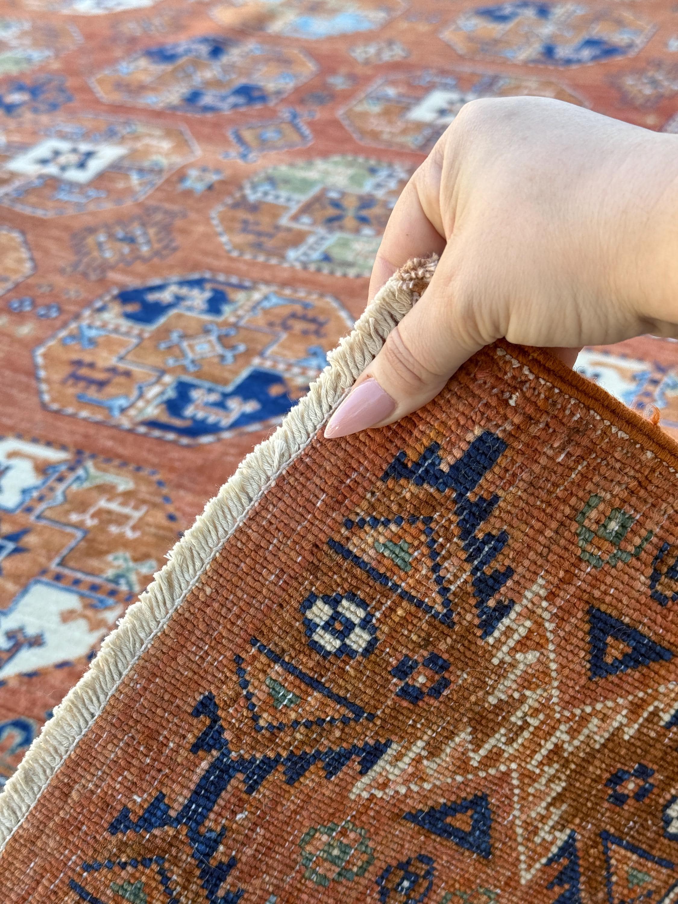 8x12 (264x365) Handmade Afghan Rug | Brick Red Burnt Rust Terracotta Navy Denim Powder Blue Hazel Moss Green Saffron Gold Beige Ivory Taupe