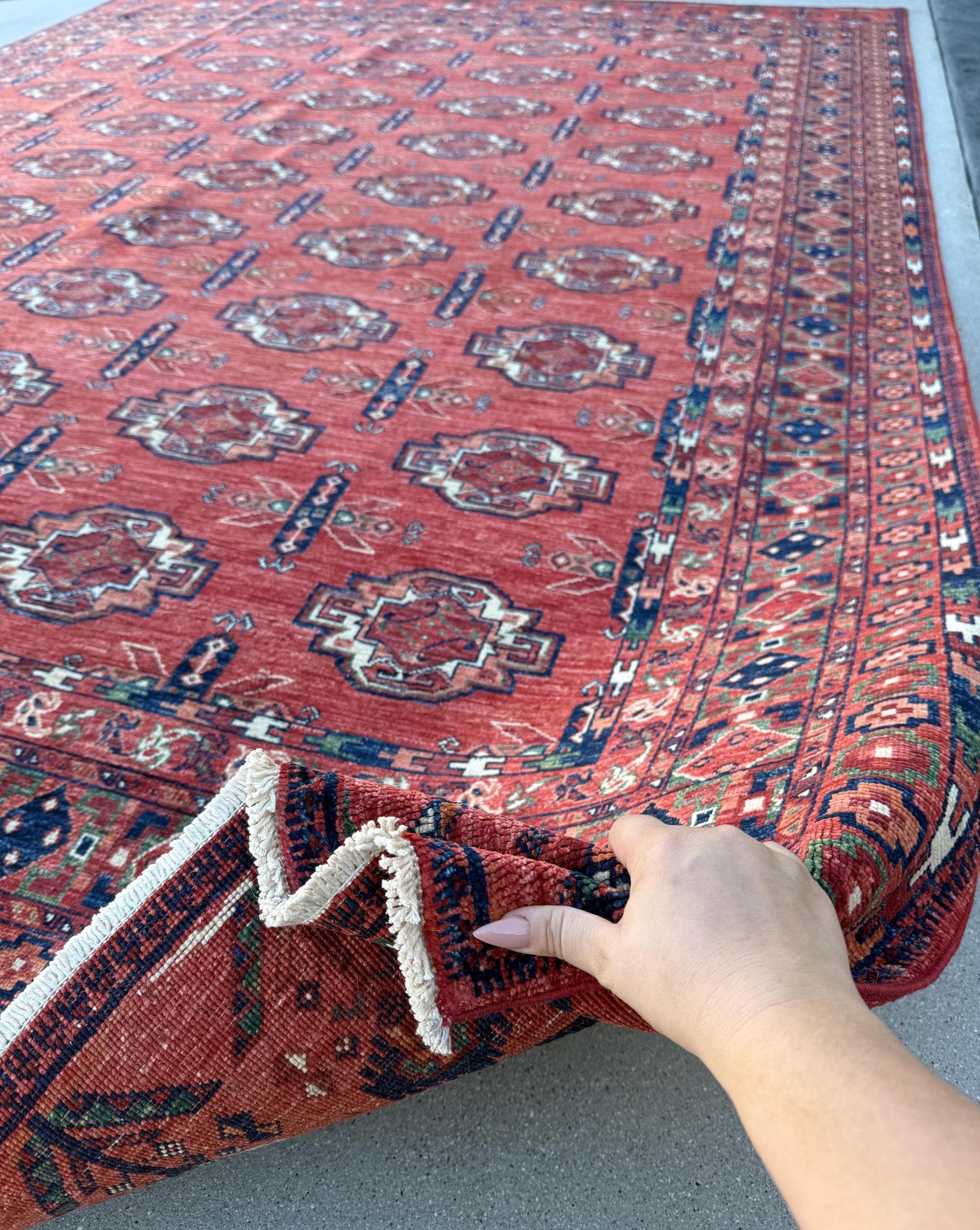 9x11 Handmade Afghan Rug | Crimson Salmon Pink Maroon Brick Red Burnt Terracotta Denim Navy Blue Forest Hazel Green Saffron Beige Ivory Wool