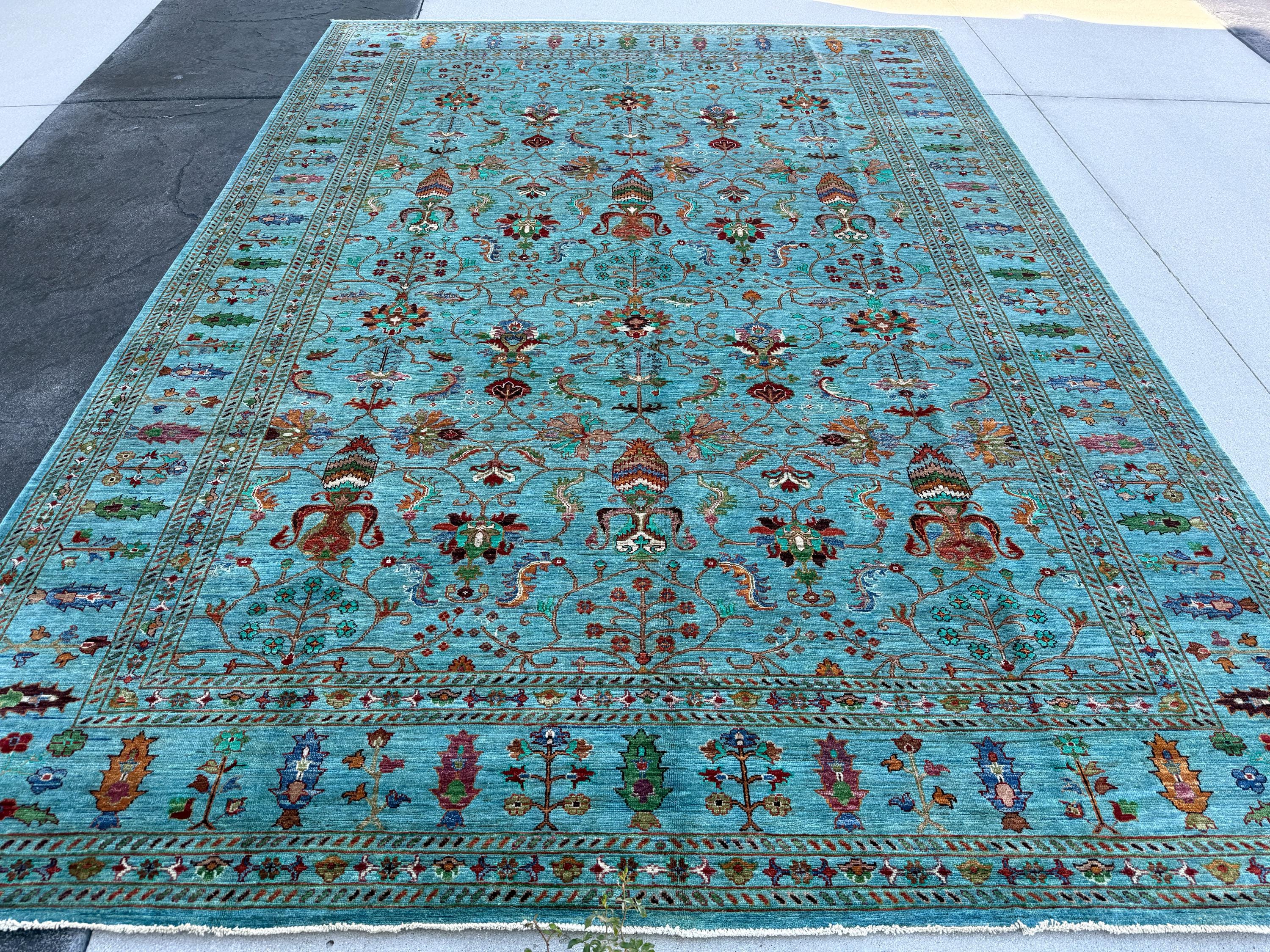 9x12 (274x360) Hand Knotted Afghan Rug | Turquoise Powder Navy Blue Teal Sage Green Maroon Terracotta Magenta Saffron Gold Taupe Cream Ivory