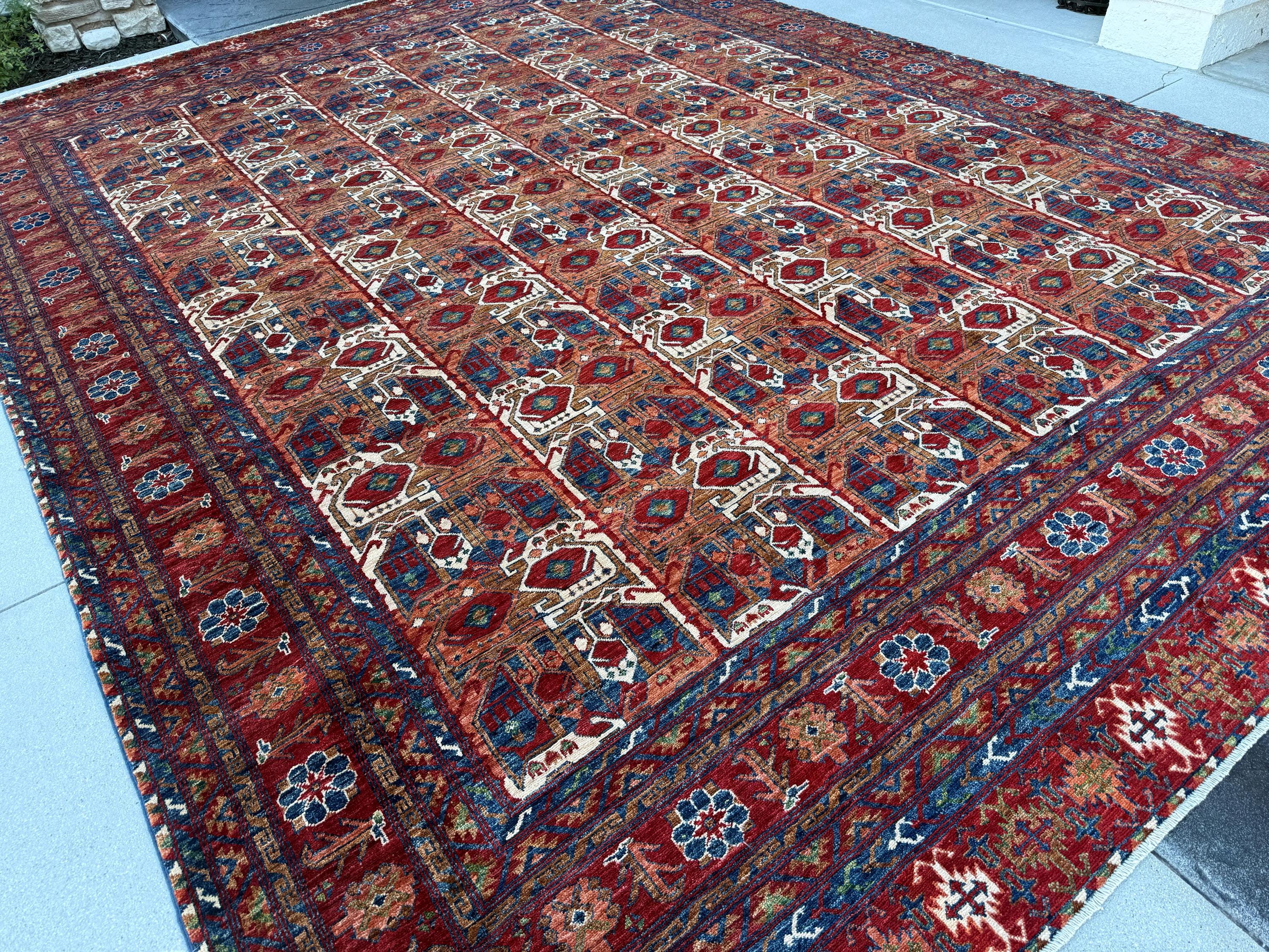 10x13 (312 x 421) Handmade Afghan Rug | Maroon Brick Red Burnt Rust Terracotta Navy Prussian Blue Saffron Gold Beige Ivory Taupe Mocha Brown