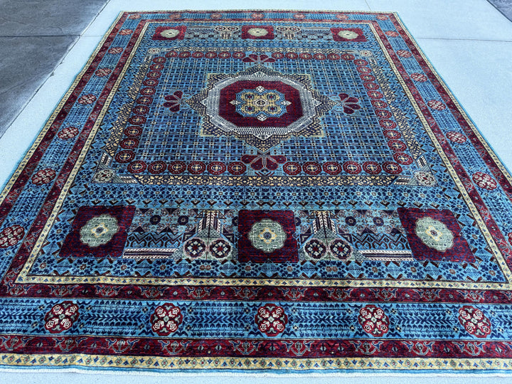 8x10 (254 x 307cm) Handmade Afghan Rug | Brick Crimson Blood Red Auburn Navy Denim Sky Powder Blue Moss Sage Green Saffron Gold Beige Ivory