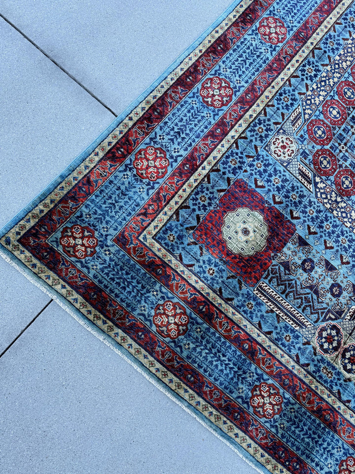 8x10 (254 x 307cm) Handmade Afghan Rug | Brick Crimson Blood Red Auburn Navy Denim Sky Powder Blue Moss Sage Green Saffron Gold Beige Ivory