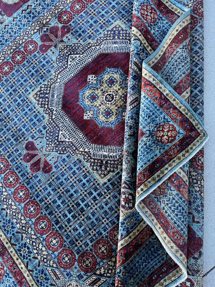 8x10 (254 x 307cm) Handmade Afghan Rug | Brick Crimson Blood Red Auburn Navy Denim Sky Powder Blue Moss Sage Green Saffron Gold Beige Ivory