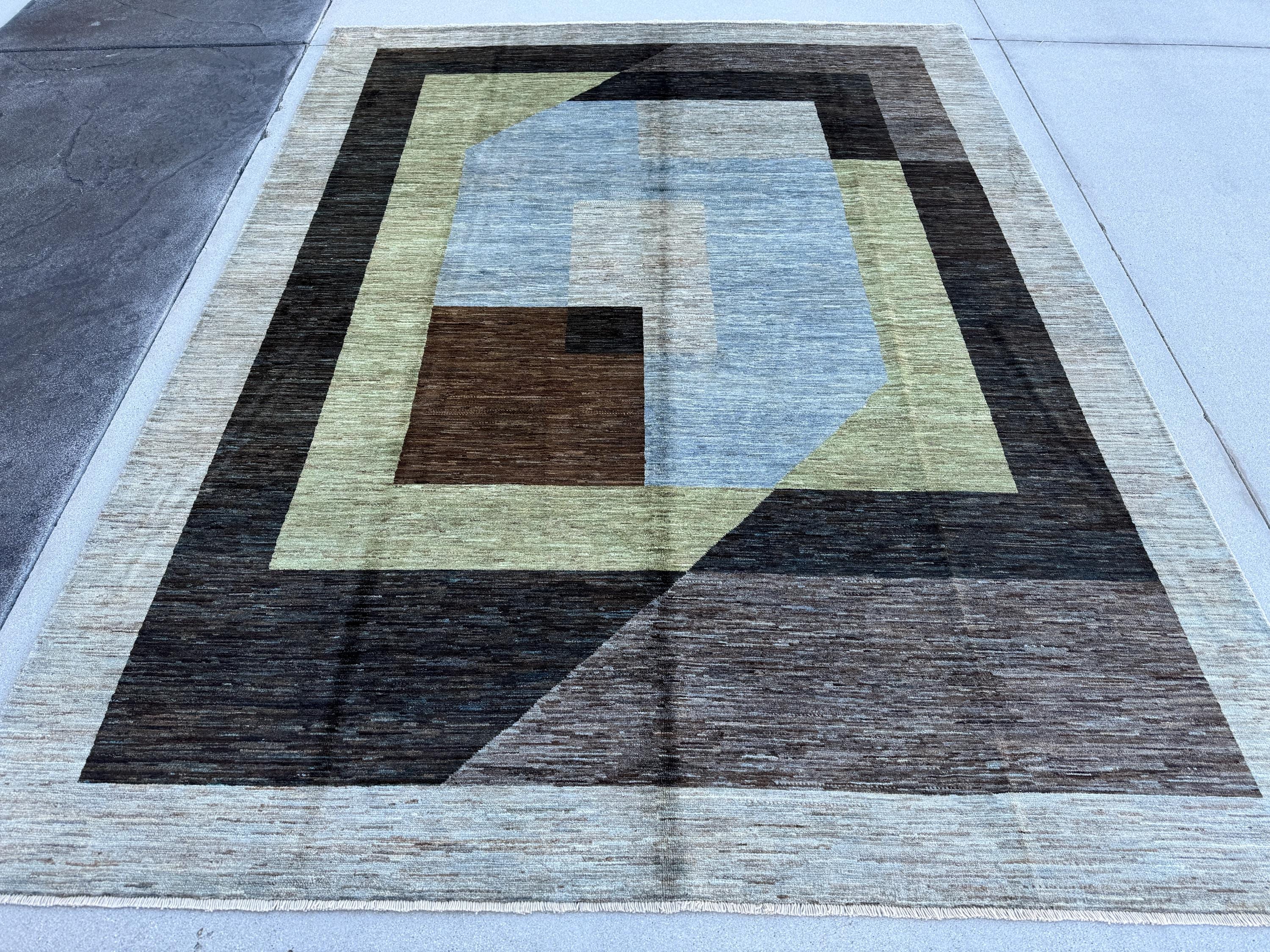 7x11 (228 x 302cm) Handmade Afghan Rug | Slate Charcoal Grey Black Beige Ivory Umber Mocha Chocolate Brown Light Powder Blue Lime Moss Green