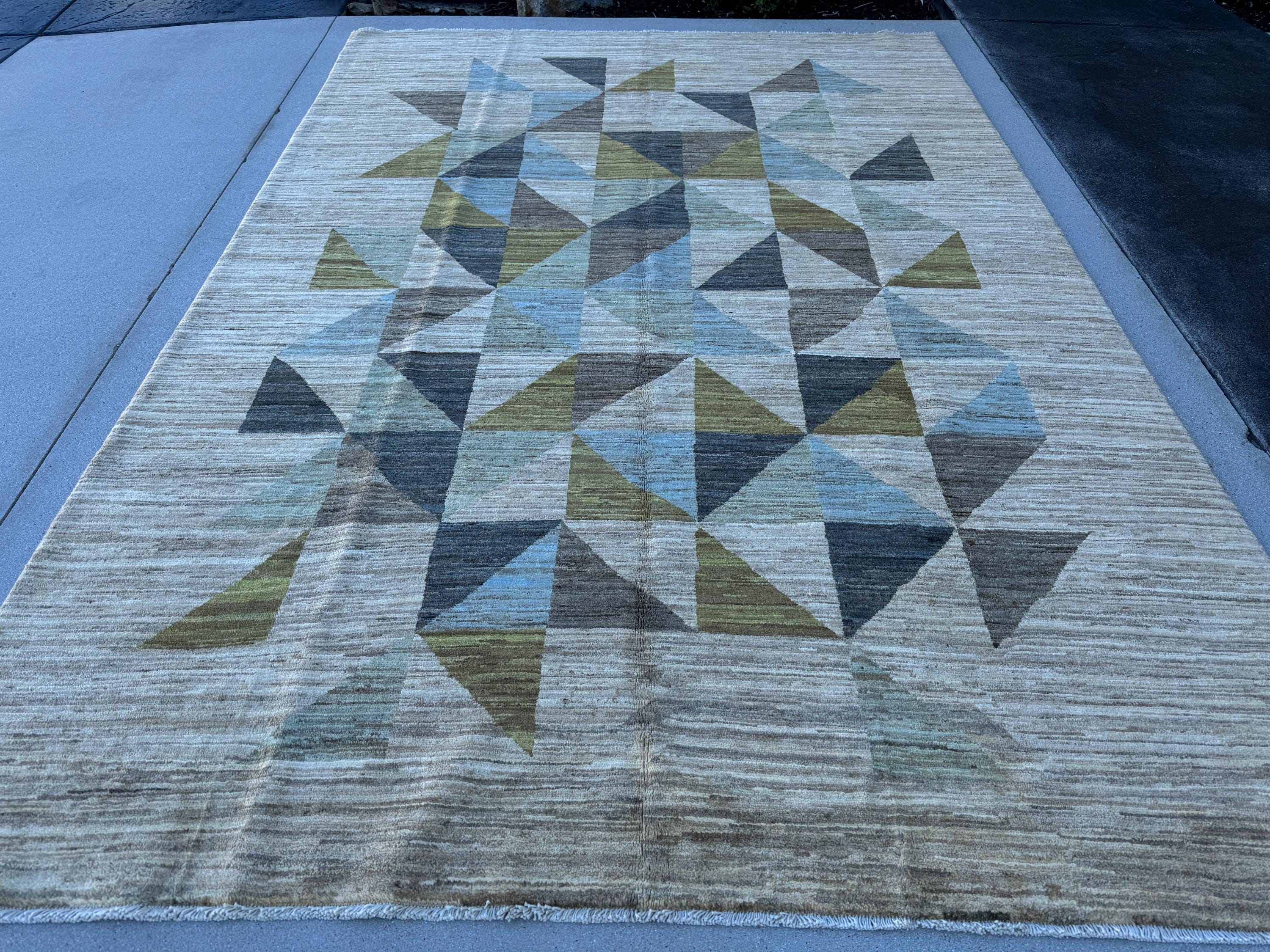 7x10 (254 x 299cm) Handmade Afghan Rug | Charcoal Slate Grey Mocha Caramel Peach Orange Denim Powder Blue Teal Mustard Yellow Cream Ivory