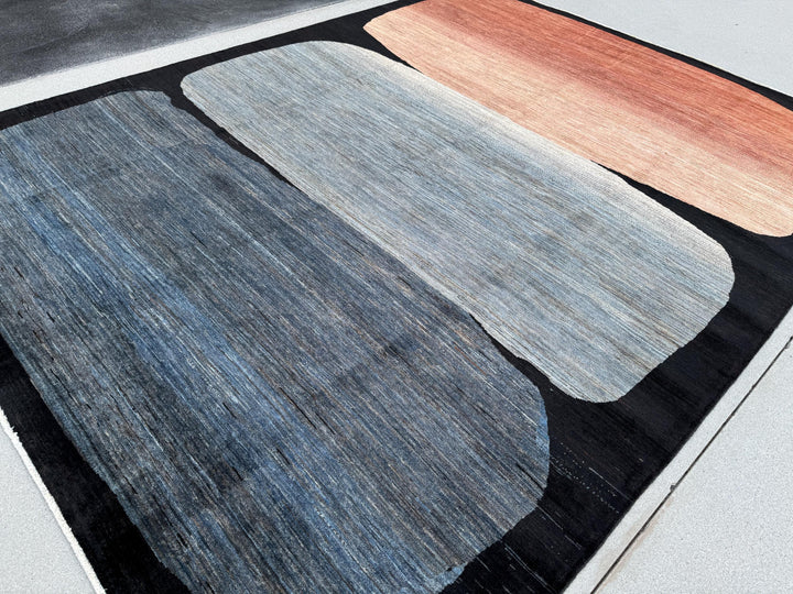 5x8 (223 x 294cm) Handmade Afghan Rug | Black Charcoal Slate Light Grey Light Powder Denim Prussian Blue Peach Rust Burnt Orange Terracotta