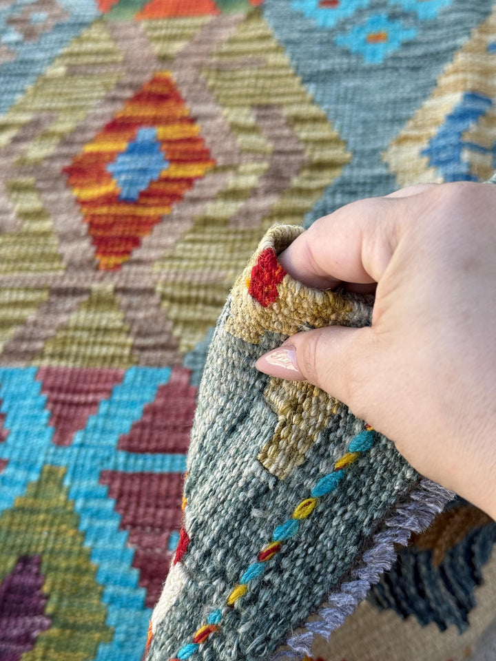 7x10 Handmade Afghan Kilim Rug Grey Burgundy White Ivory Denim Prussian Aqua Blue Turquoise Crimson Red Moss Chartreuse Eggplant Orange Mint