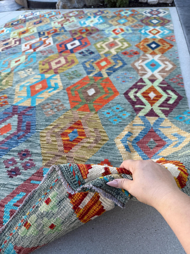 7x10 Handmade Afghan Kilim Rug Grey Burgundy White Ivory Denim Prussian Aqua Blue Turquoise Crimson Red Moss Chartreuse Eggplant Orange Mint