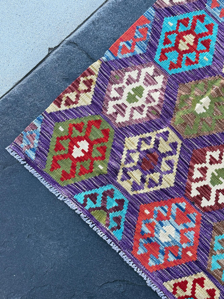 3x6~7 (91x203) Handmade Afghan Kilim Runner Rug Eggplant Purple Royal Aqua Blue Crimson Blood Red Beige Forest Chartreuse Green White Ivory