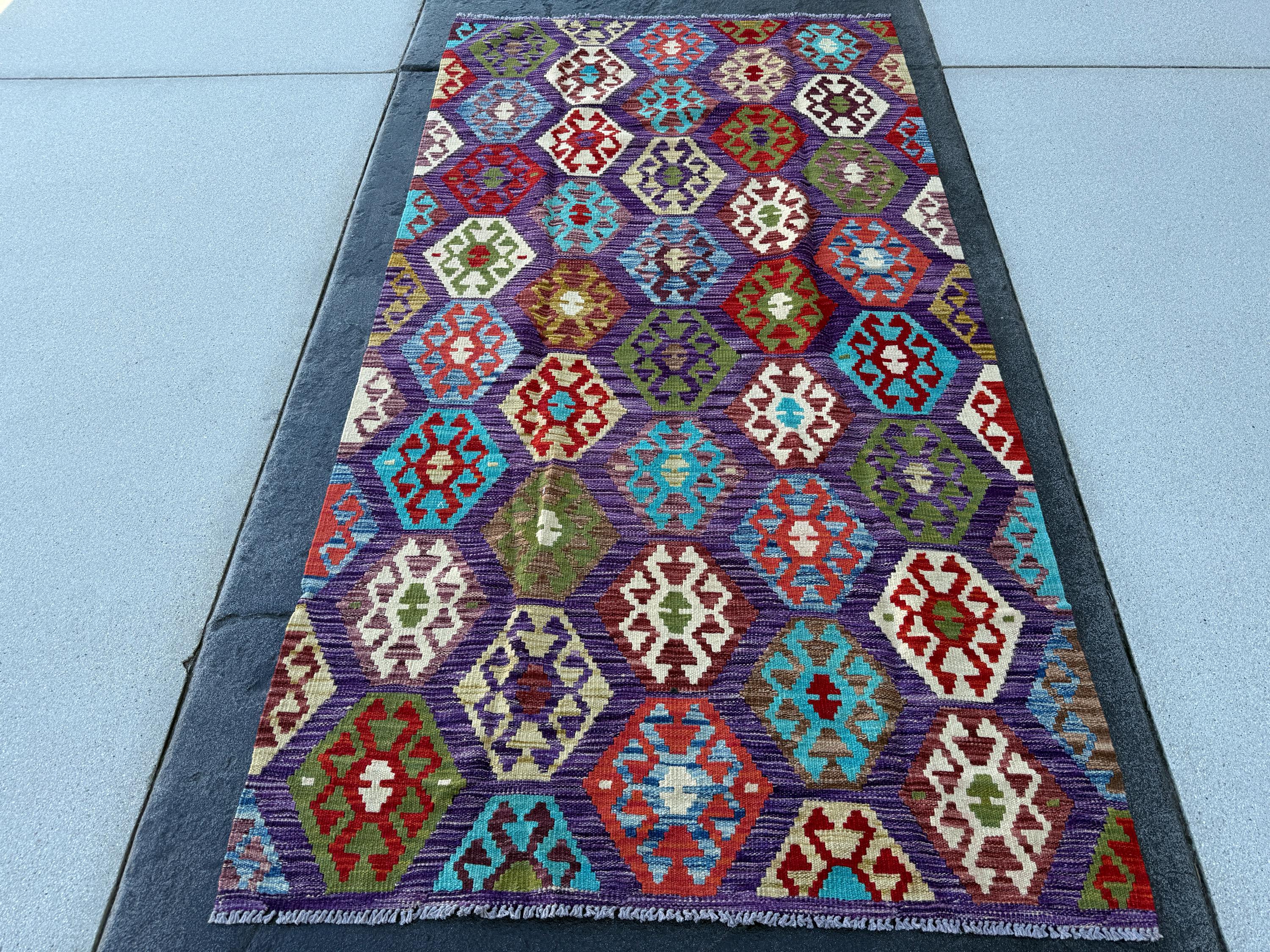 3x6~7 (91x203) Handmade Afghan Kilim Runner Rug Eggplant Purple Royal Aqua Blue Crimson Blood Red Beige Forest Chartreuse Green White Ivory