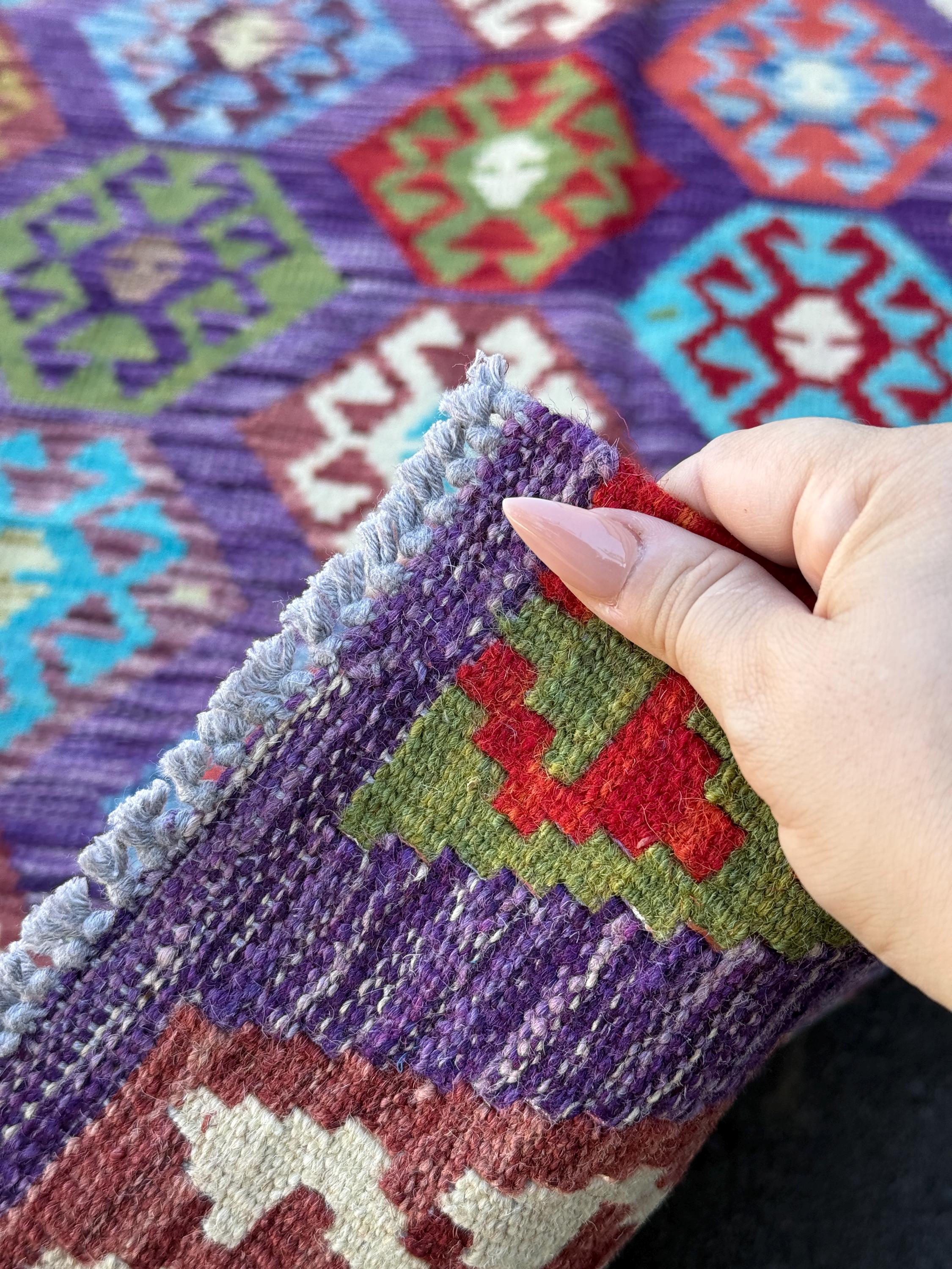 3x6~7 (91x203) Handmade Afghan Kilim Runner Rug Eggplant Purple Royal Aqua Blue Crimson Blood Red Beige Forest Chartreuse Green White Ivory