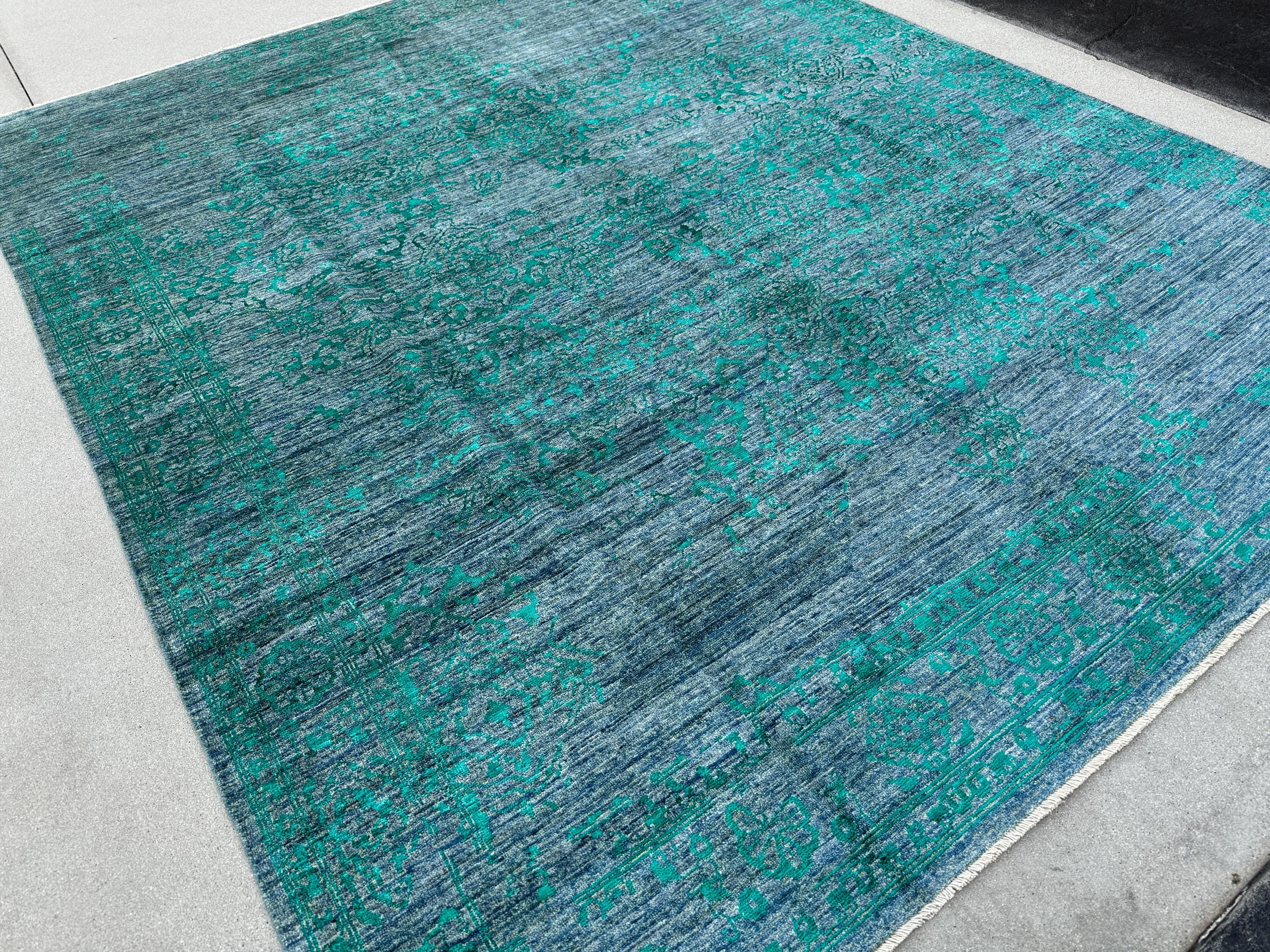 8x9 (248.9 x 297cm) Handmade Afghan Rug | Charcoal Slate Grey Black Teal Turquoise Blue Green Ivory Cream Beige | Flat Woven Layering Rug