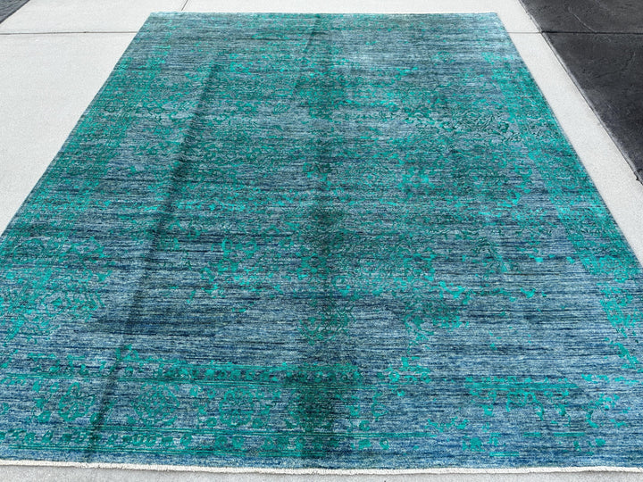 8x9 (248.9 x 297cm) Handmade Afghan Rug | Charcoal Slate Grey Black Teal Turquoise Blue Green Ivory Cream Beige | Flat Woven Layering Rug