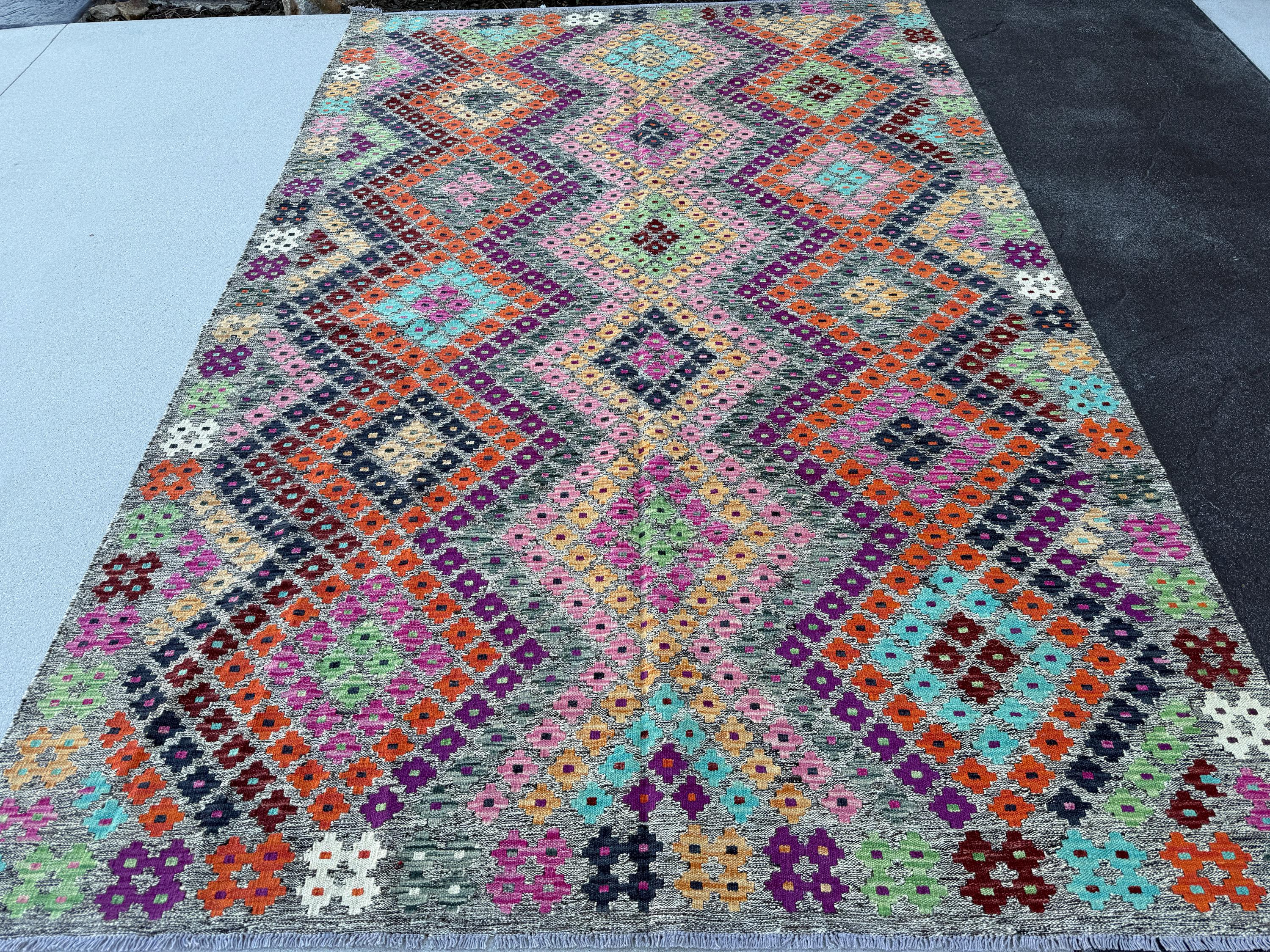 6x9 Handmade Afghan Kilim Grey Aqua Turquoise Teal Lime Green Fuchsia Baby Pink Orange Saffron Chocolate Brown Burgundy White Ivory Eggplant