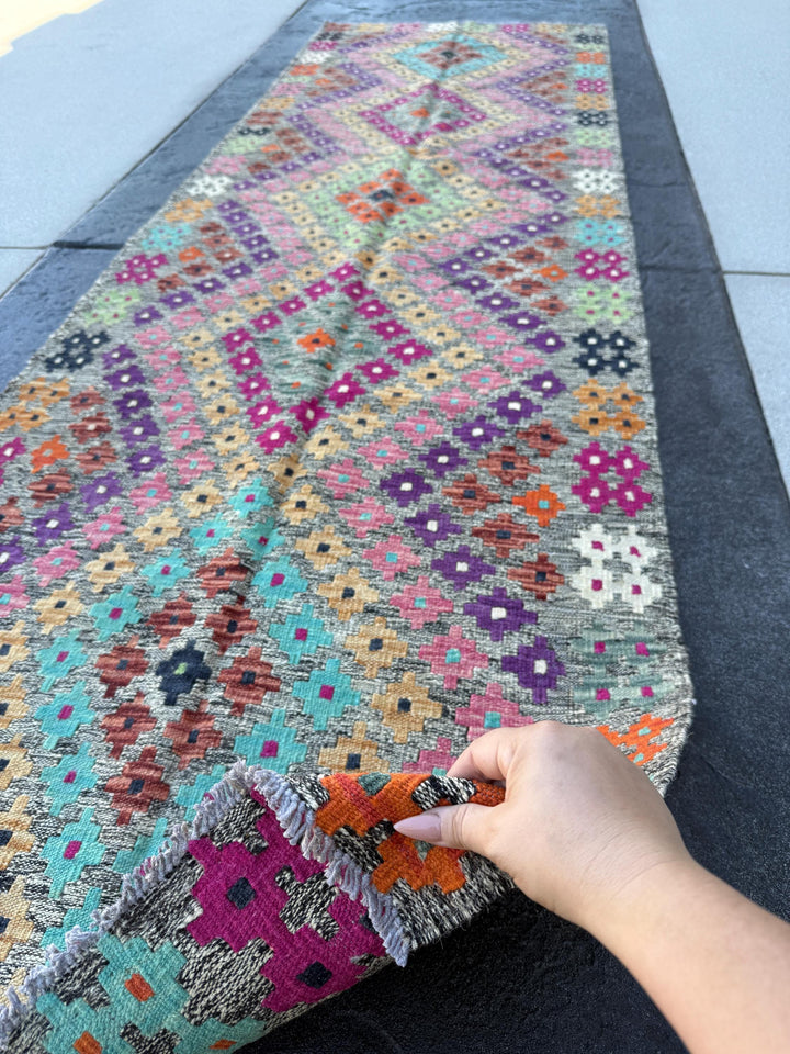 3x10 Handmade Afghan Kilim Runner Rug | Grey Eggplant Purple Orange Saffron Chocolate Brown Blush Pink Lime Green Aqua White Ivory Black