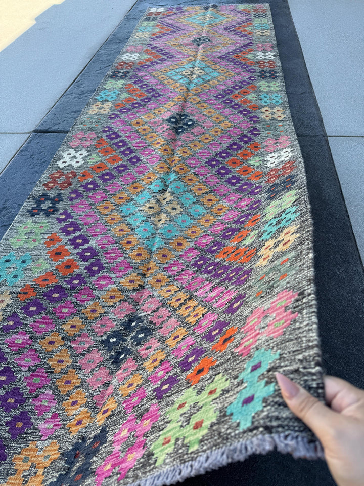 3x10 Handmade Afghan Kilim Runner Rug | Grey Eggplant Purple Orange Saffron Chocolate Brown Blush Pink Lime Green Aqua White Ivory Black