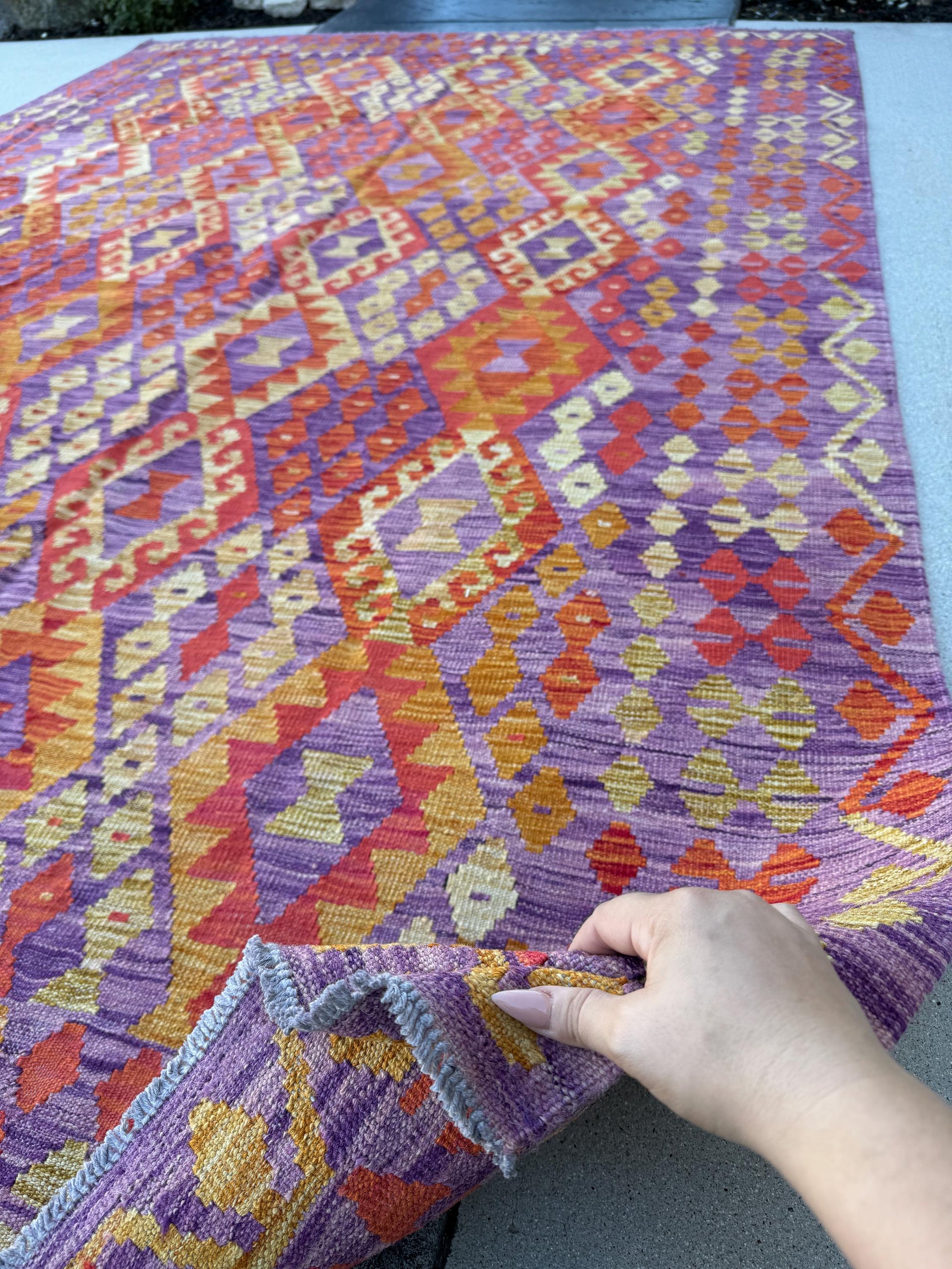 7x10 Handmade Afghan Kilim Rug | Eggplant Purple Saffron Gold Peach Burnt Orange Tan Cornsilk Crimson Brick Red | Wool Bold Flatweave Area