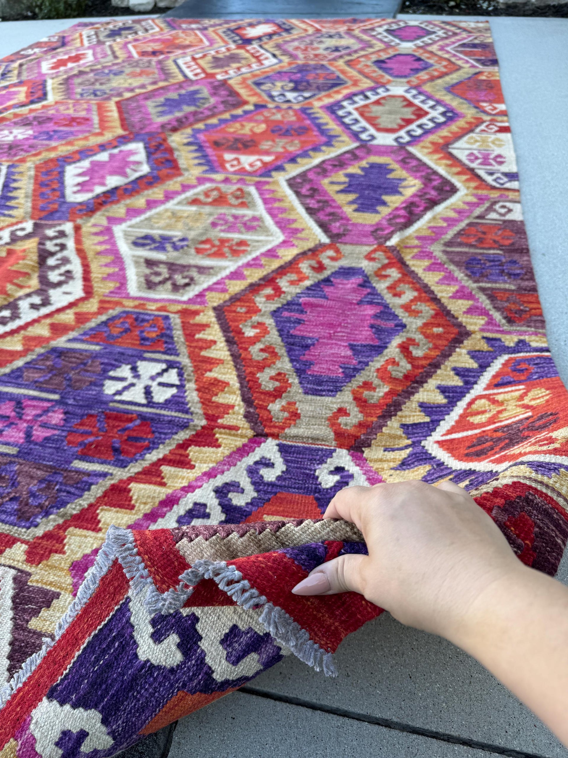 7x10 Handmade Afghan Kilim Rug | Blood Crimson Red Mocha Chocolate Brown White Ivory Gold Cornsilk Beige Taupe Eggplant Fuchsia Burgundy