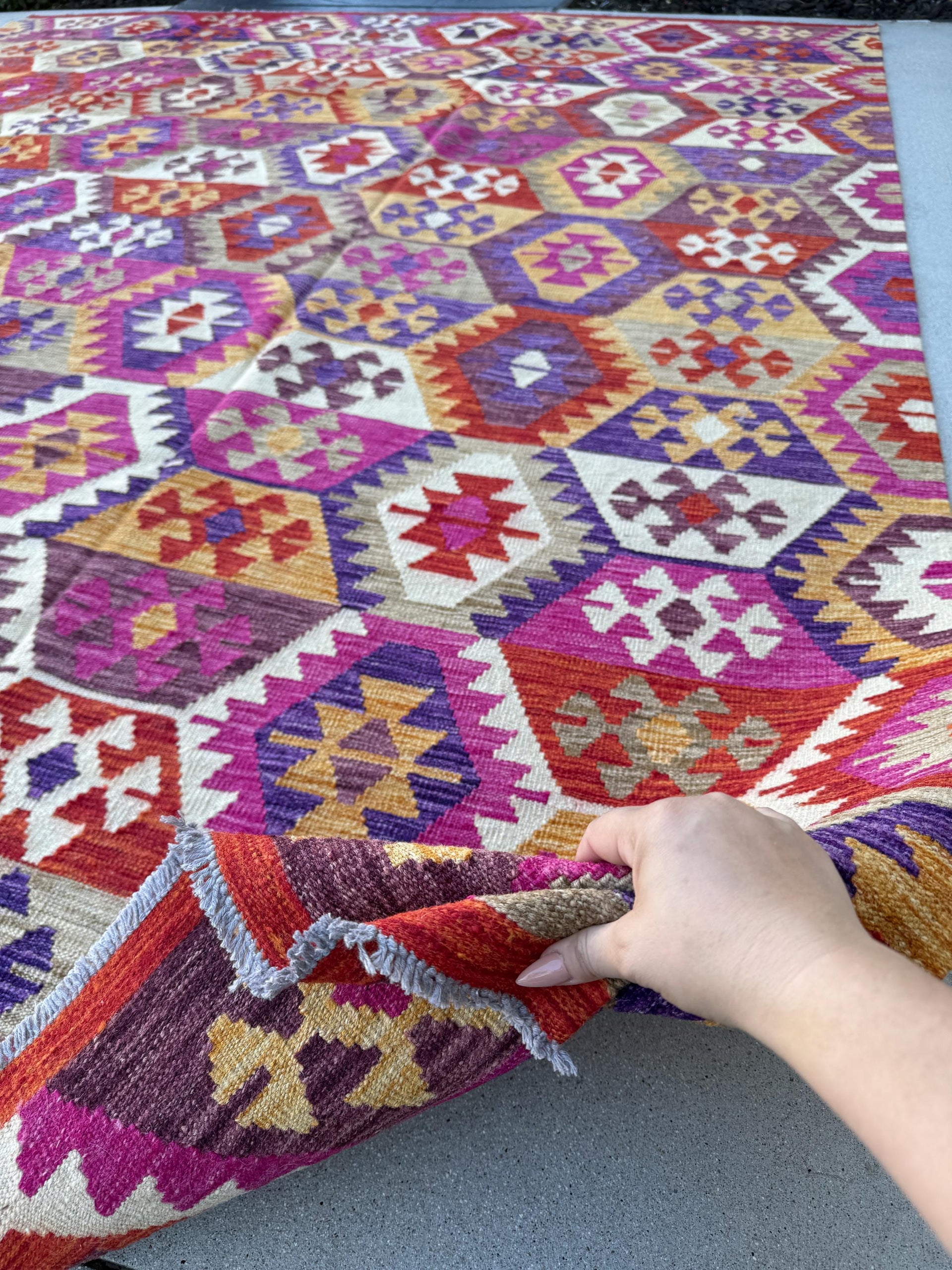 8x10 (243x305) Handmade Afghan Kilim Rug | Crimson Blood Red Eggplant Plum Purple Saffron White Ivory Beige Taupe Fuchsia Pink Orange | Wool