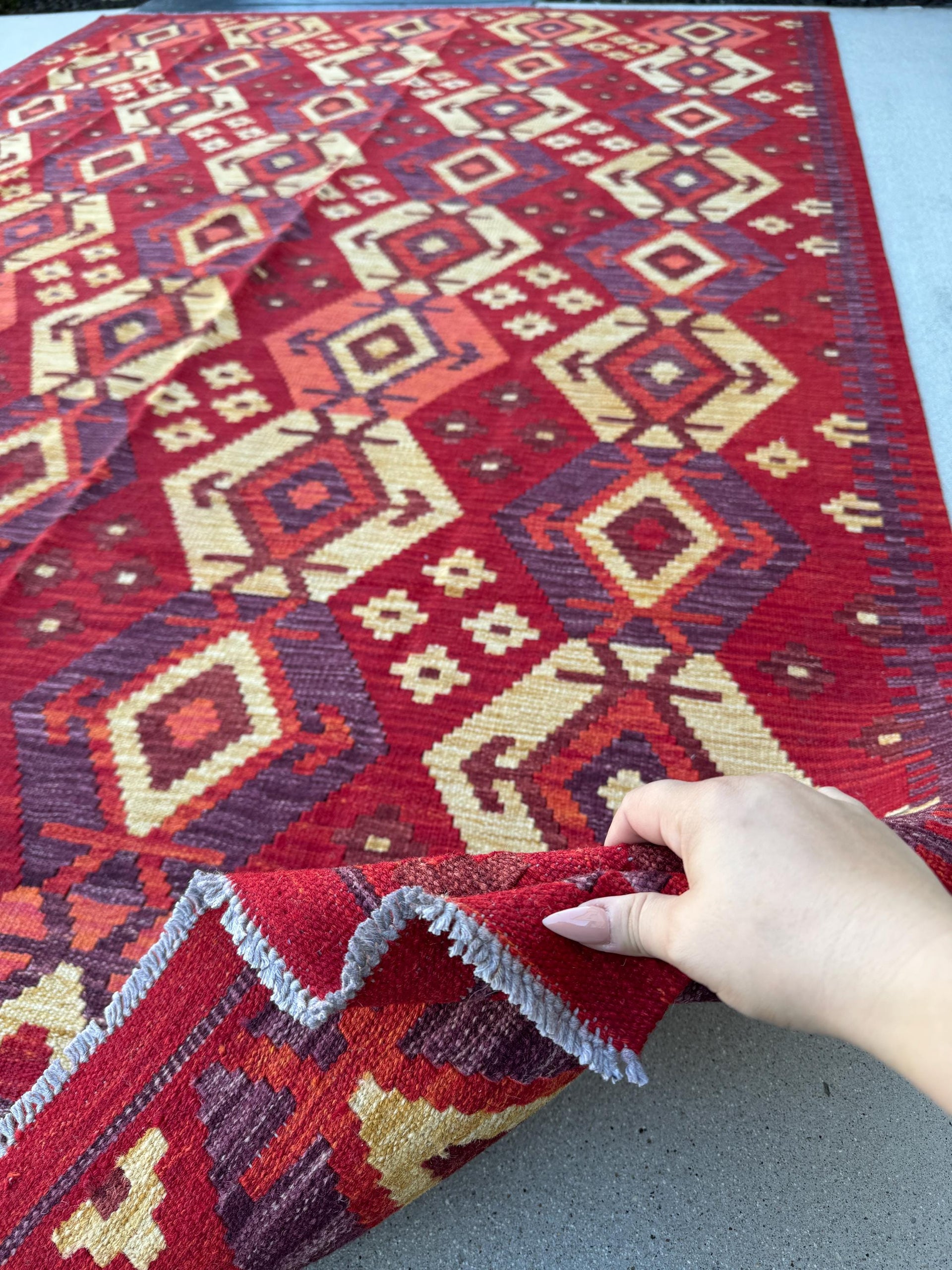 7x10 (213x305) Handmade Afghan Kilim Rug | Blood Crimson Red Cream Cornsilk Yellow Rose Pink Burgundy Maroon Plum Purple | Wool Flatweave