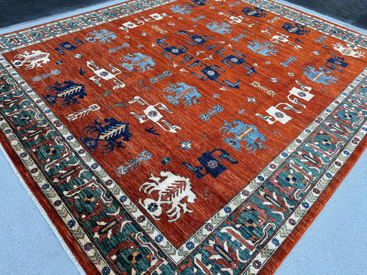 9x12 (274x366) Hand Knotted Afghan Rug | Burnt Orange Peach Rust Crimson Brick Red Navy Denim Midnight Blue Cream Ivory Teal Gold | Wool