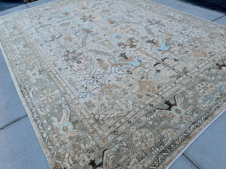 9x12 (274x366) Handmade Afghan Area Rug | Taupe Sand Mocha Chocolate Brown Beige Tan Aqua Powder Blue Sage Green Gold Grey | Wool Oushak