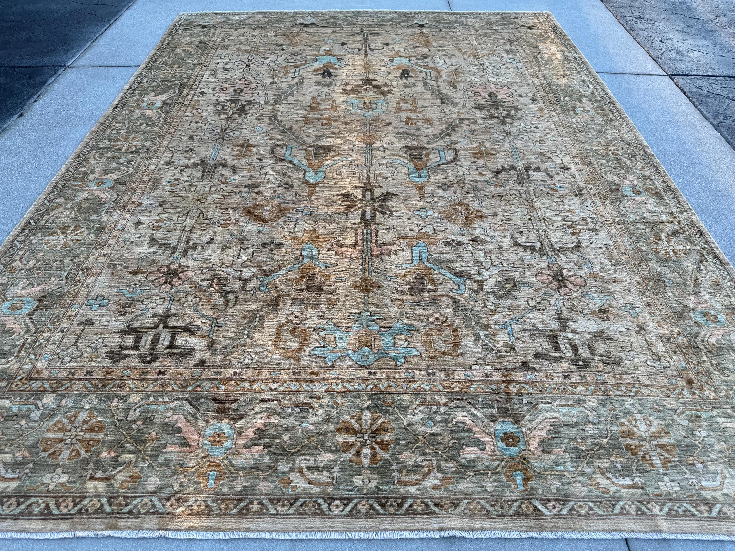 9x12 (274x366) Handmade Afghan Area Rug | Taupe Sand Mocha Chocolate Brown Beige Tan Aqua Powder Blue Sage Green Gold Grey | Wool Oushak