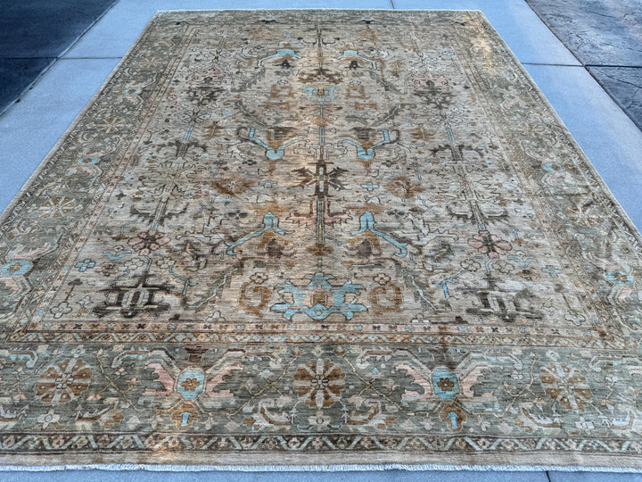 10x14 Handmade Afghan Wool Rug | Neutral Oushak Design | Hand-Knotted Traditional Area Rug