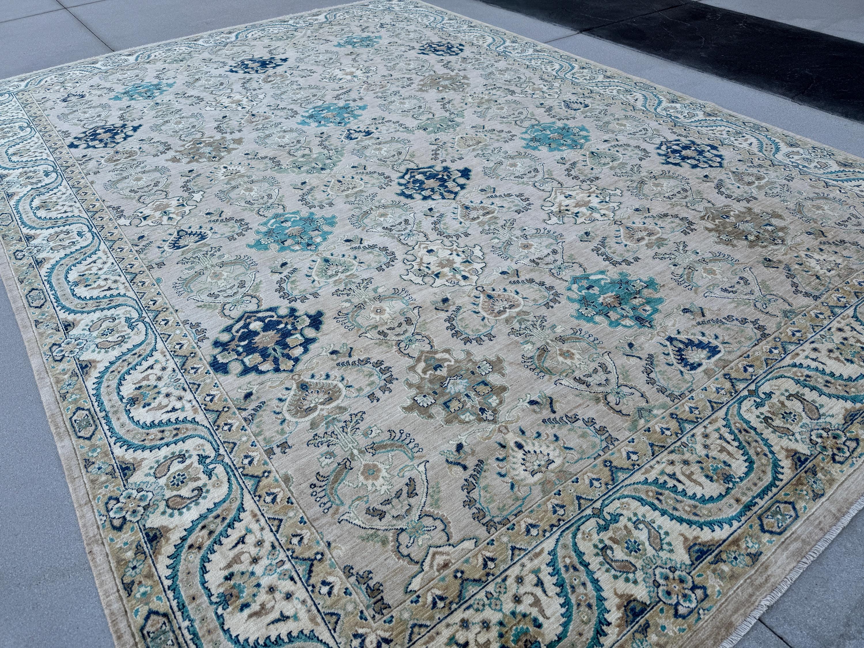 10x14 (305x427) Handmade Afghan Area Rug | Tan Cream Beige Taupe Black Midnight Blue Teal Grey Terracotta Brown Moss Green | Wool Floral