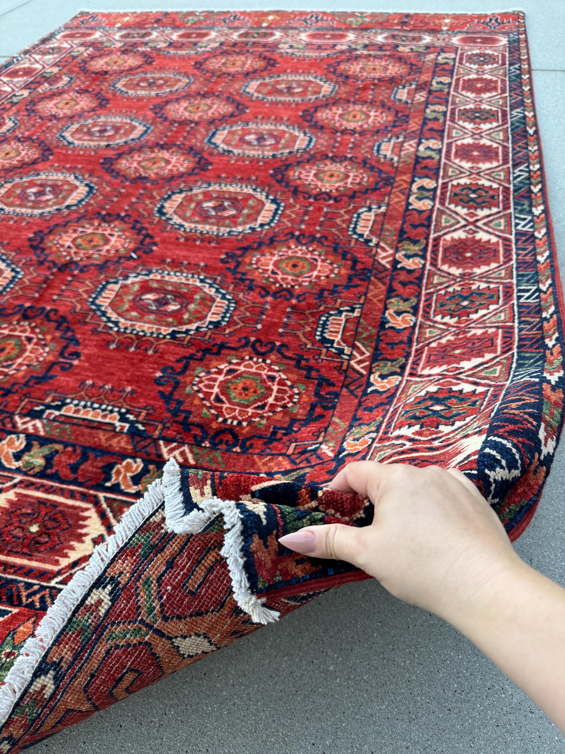 6x8 (183x244) Hand Knotted Afghan Rug | Crimson Blood Red Cream Ivory Forest Green Burnt Terracotta Orange Midnight Blue | Wool Geometric