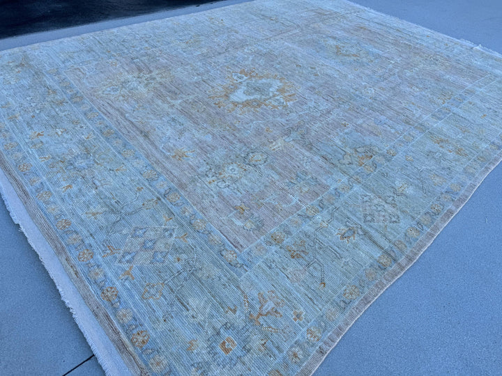 9x12 (271 x 370 cm) Handmade Afghan Rug | Light Slate Grey Light Powder Duck Egg Prussian Blue Saffron Gold Rust Sage Ivory Cream Beige