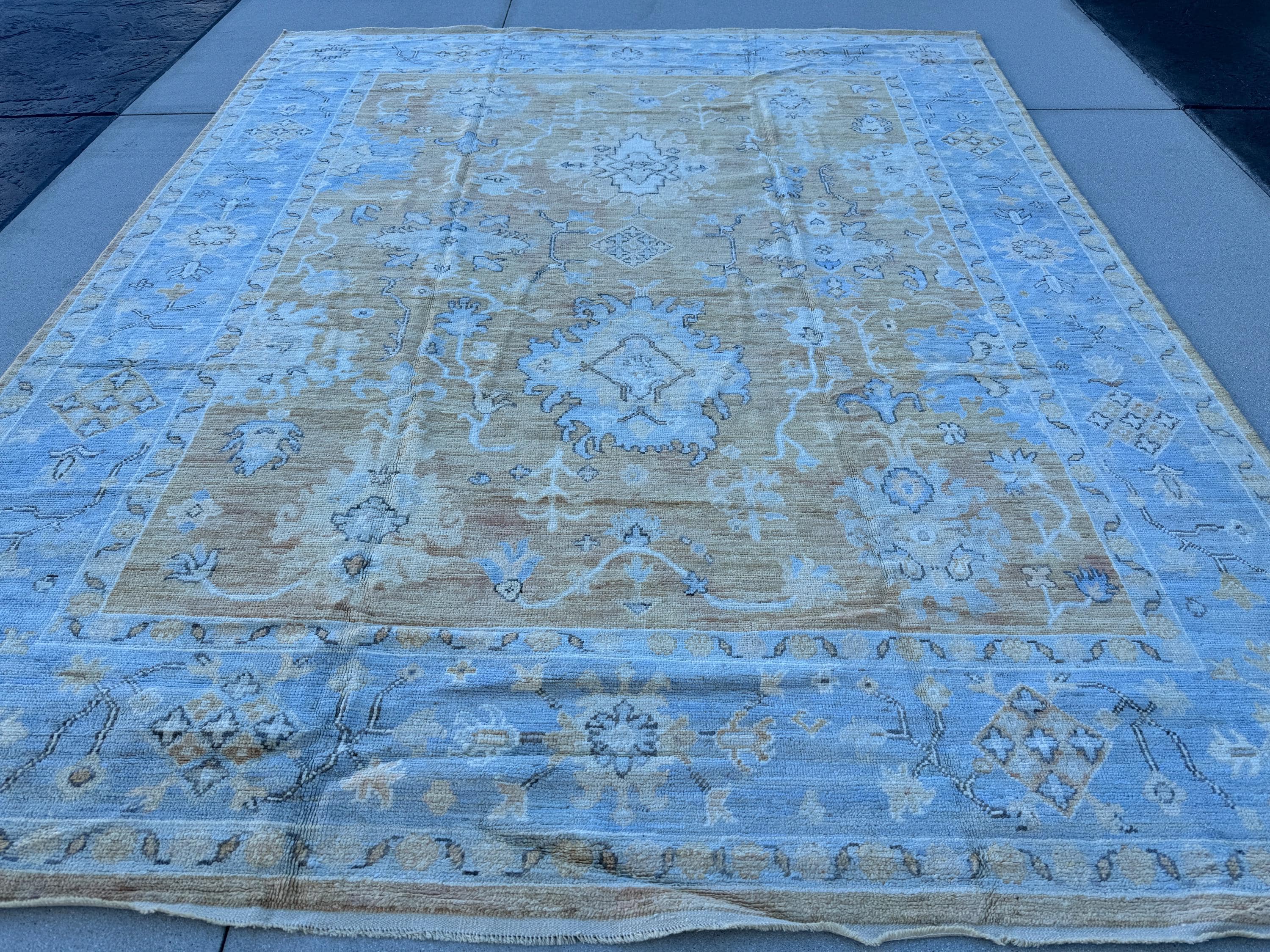 9x11 (284 x 347 cm) Handmade Afghan Rug | Powder Duck Egg Baby Blue Slate Charcoal Grey Peach Saffron Gold Cornsilk Ivory Cream Beige Taupe