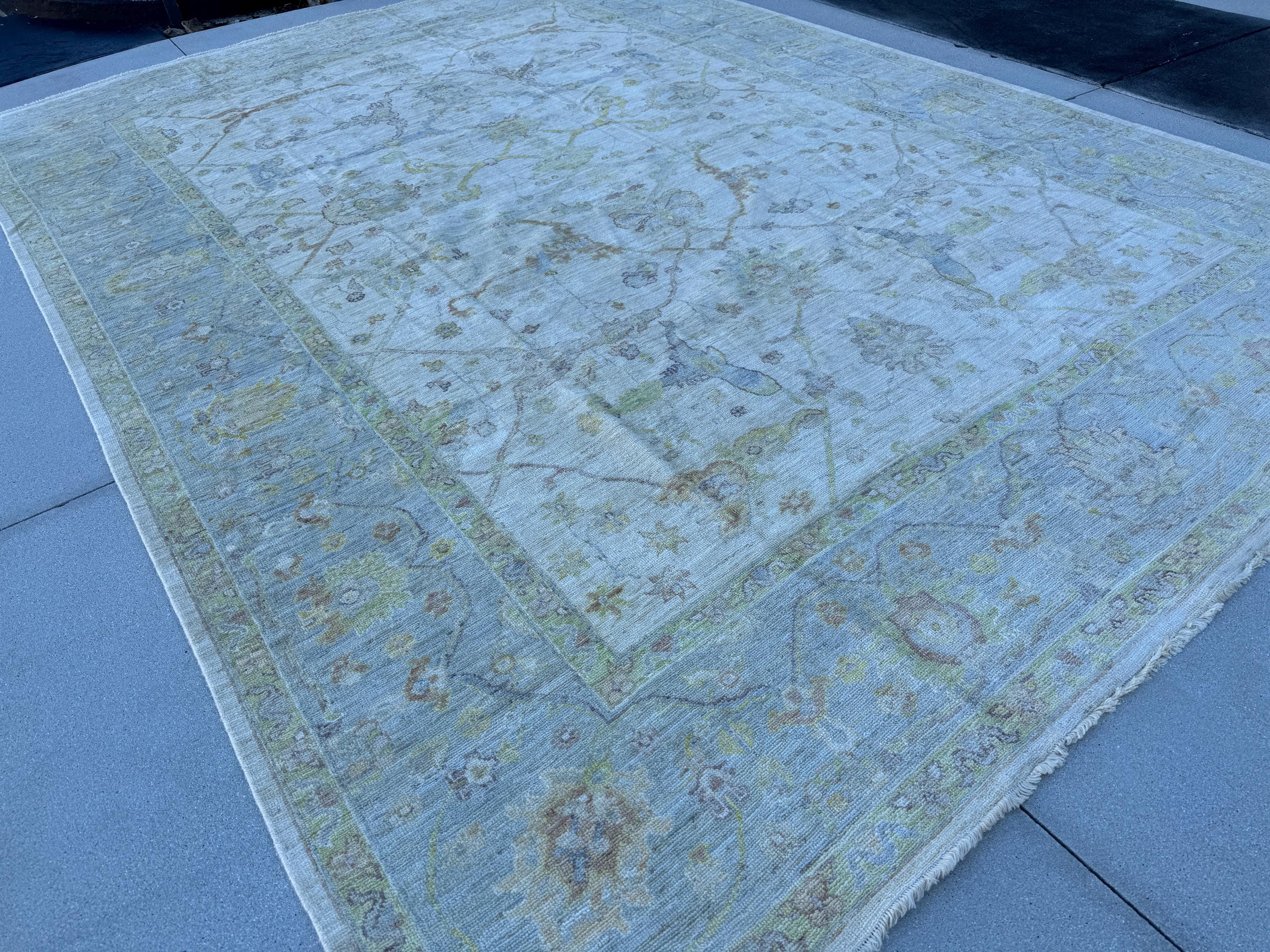 10x14 (309 x 424cm) Handmade Afghan Rug | Light Powder Duck Egg Blue Ivory Cream Beige Moss Sage Green Saffron Cornsilk Gold Rust Taupe