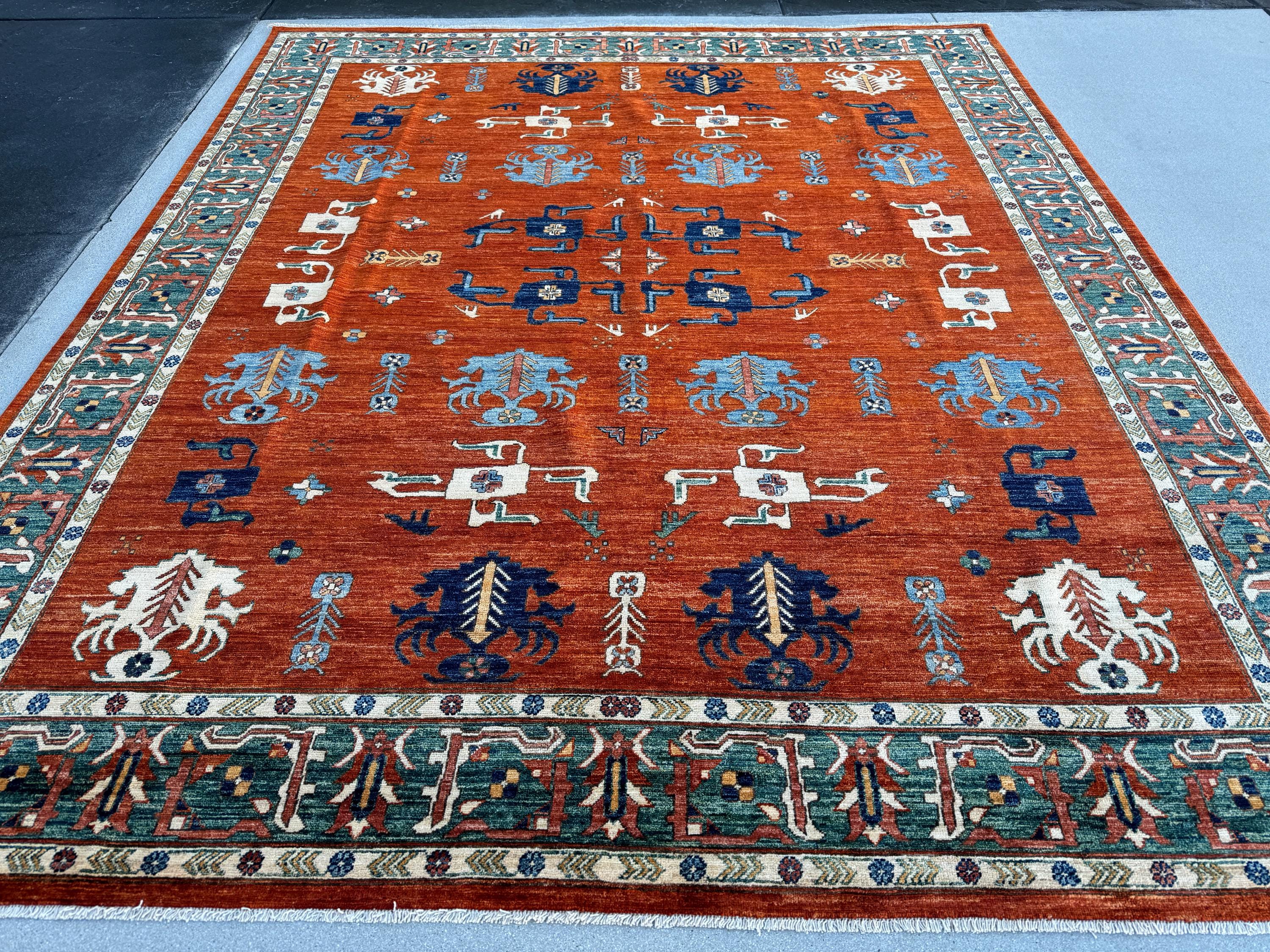 8x10 (254x299) Handmade Afghan Rug | Auburn Brick Red Denim Prussian Powder Blue Forest Green Teal Terracotta Rust Ivory Cream Saffron Gold