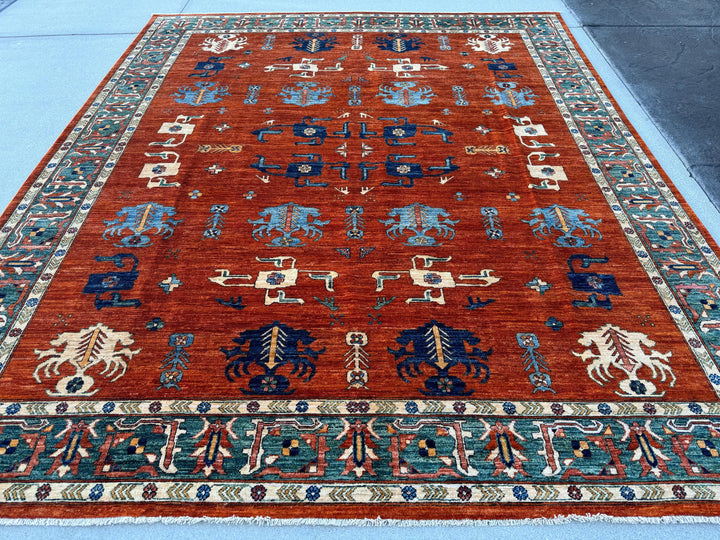 8x10 (254x299) Handmade Afghan Rug | Auburn Brick Red Denim Prussian Powder Blue Forest Green Teal Terracotta Rust Ivory Cream Saffron Gold