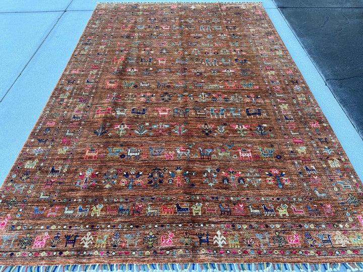 6x10 (198 x 297cm) Handmade Afghan Rug | Terracotta Copper Orange Taupe Denim Prussian Powder Blue Magenta Lime Green Gold Slate Grey Ivory