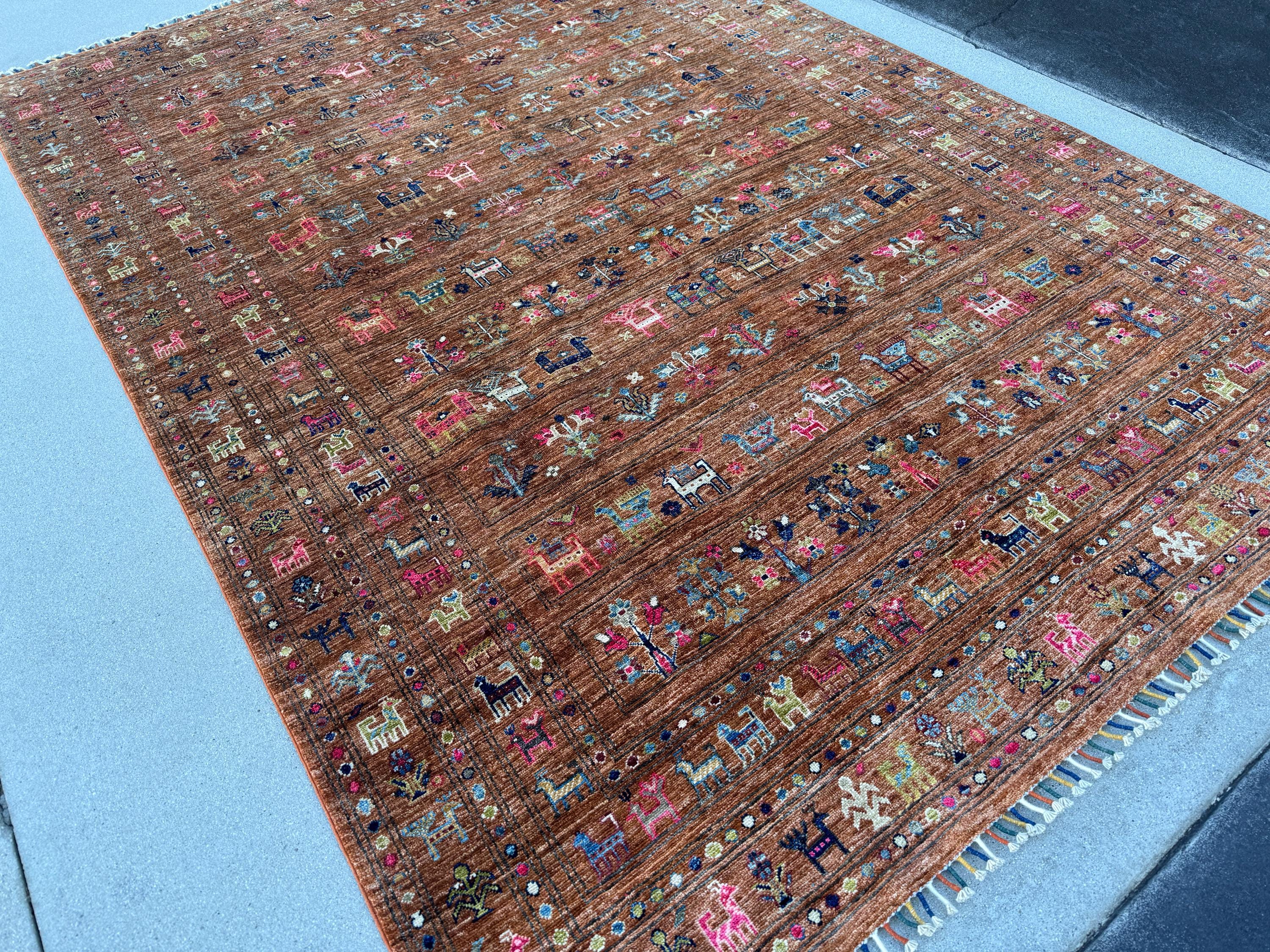 6x10 (198 x 297cm) Handmade Afghan Rug | Terracotta Copper Orange Taupe Denim Prussian Powder Blue Magenta Lime Green Gold Slate Grey Ivory