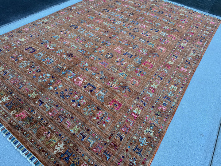 6x10 (198 x 297cm) Handmade Afghan Rug | Terracotta Copper Orange Taupe Denim Prussian Powder Blue Magenta Lime Green Gold Slate Grey Ivory