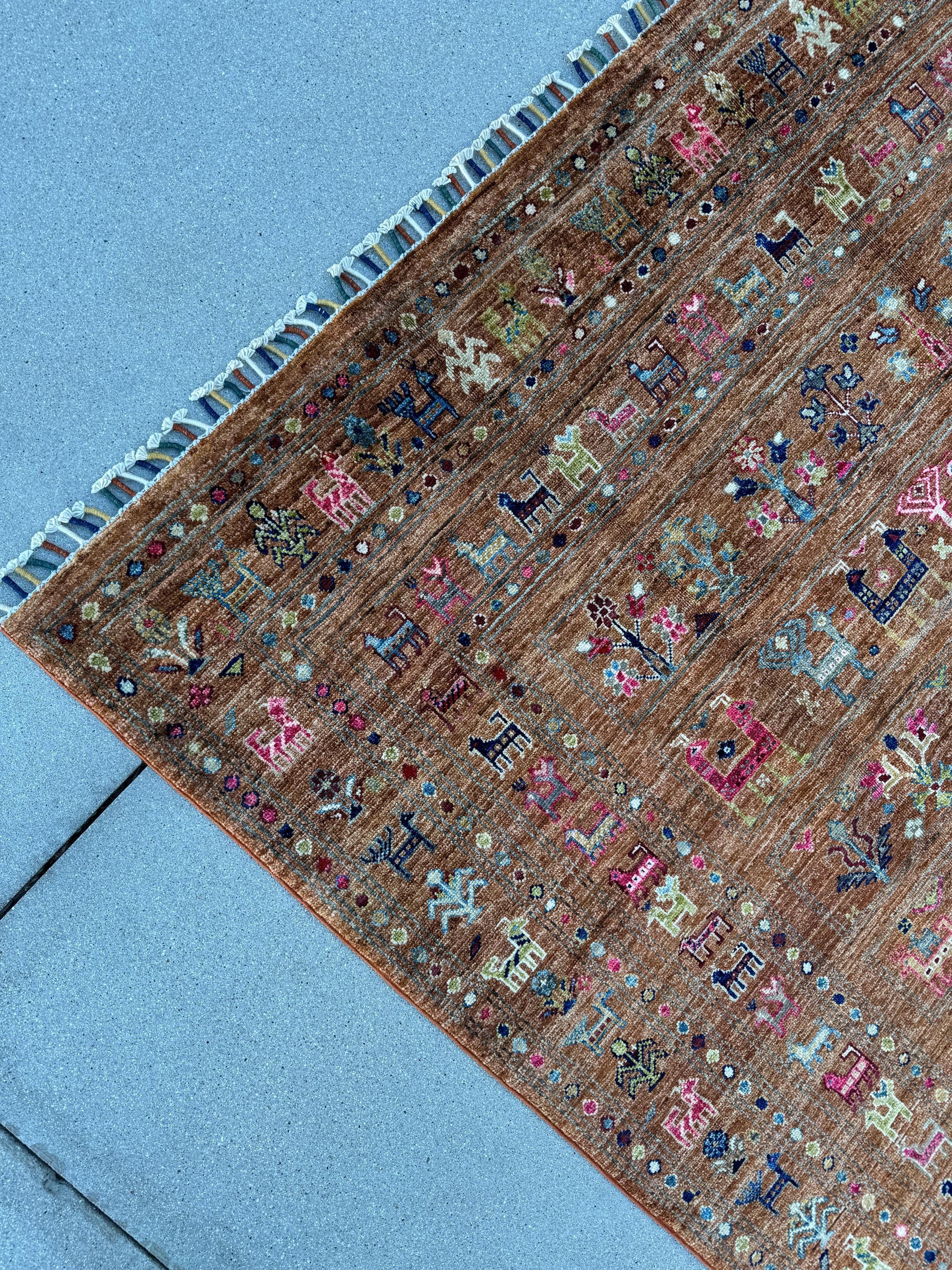 6x10 (198 x 297cm) Handmade Afghan Rug | Terracotta Copper Orange Taupe Denim Prussian Powder Blue Magenta Lime Green Gold Slate Grey Ivory