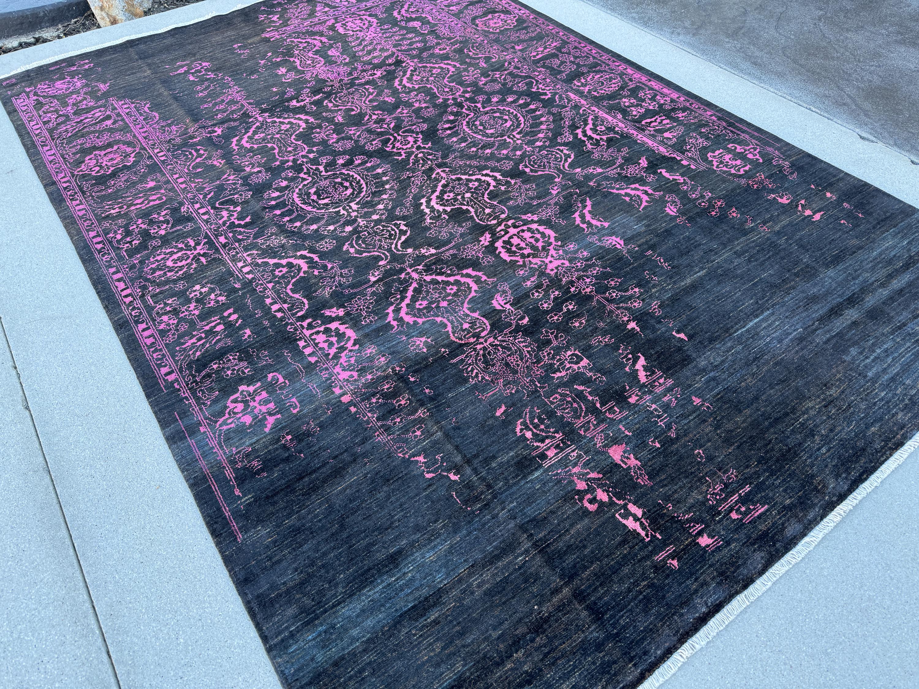 7x10 (203 x 294cm) Handmade Afghan Rug | Black Charcoal Grey Magenta Rose Pink Saffron Gold Cream Ivory | Wool Hand Knotted Heriz Serapi