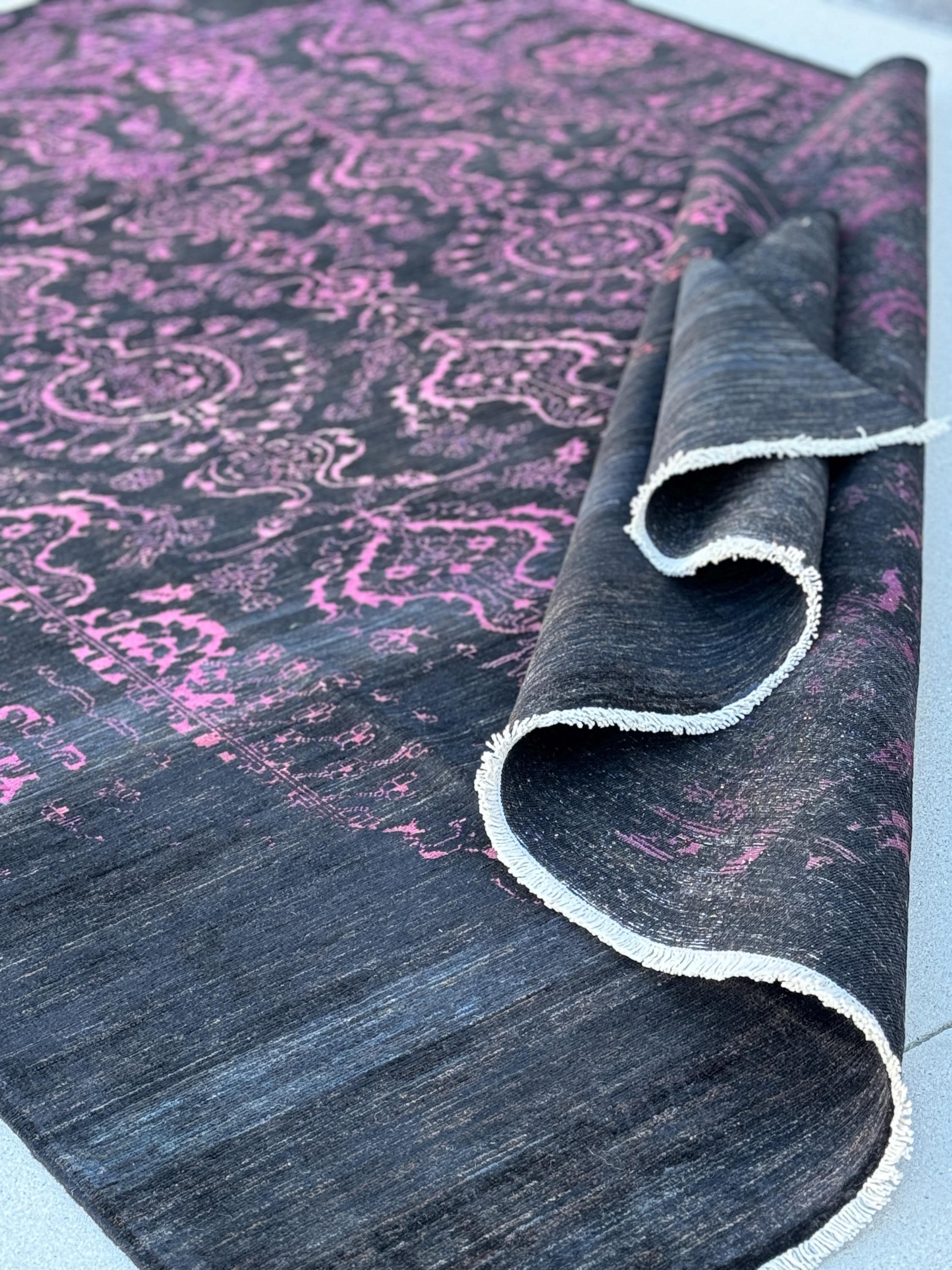 7x10 (203 x 294cm) Handmade Afghan Rug | Black Charcoal Grey Magenta Rose Pink Saffron Gold Cream Ivory | Wool Hand Knotted Heriz Serapi